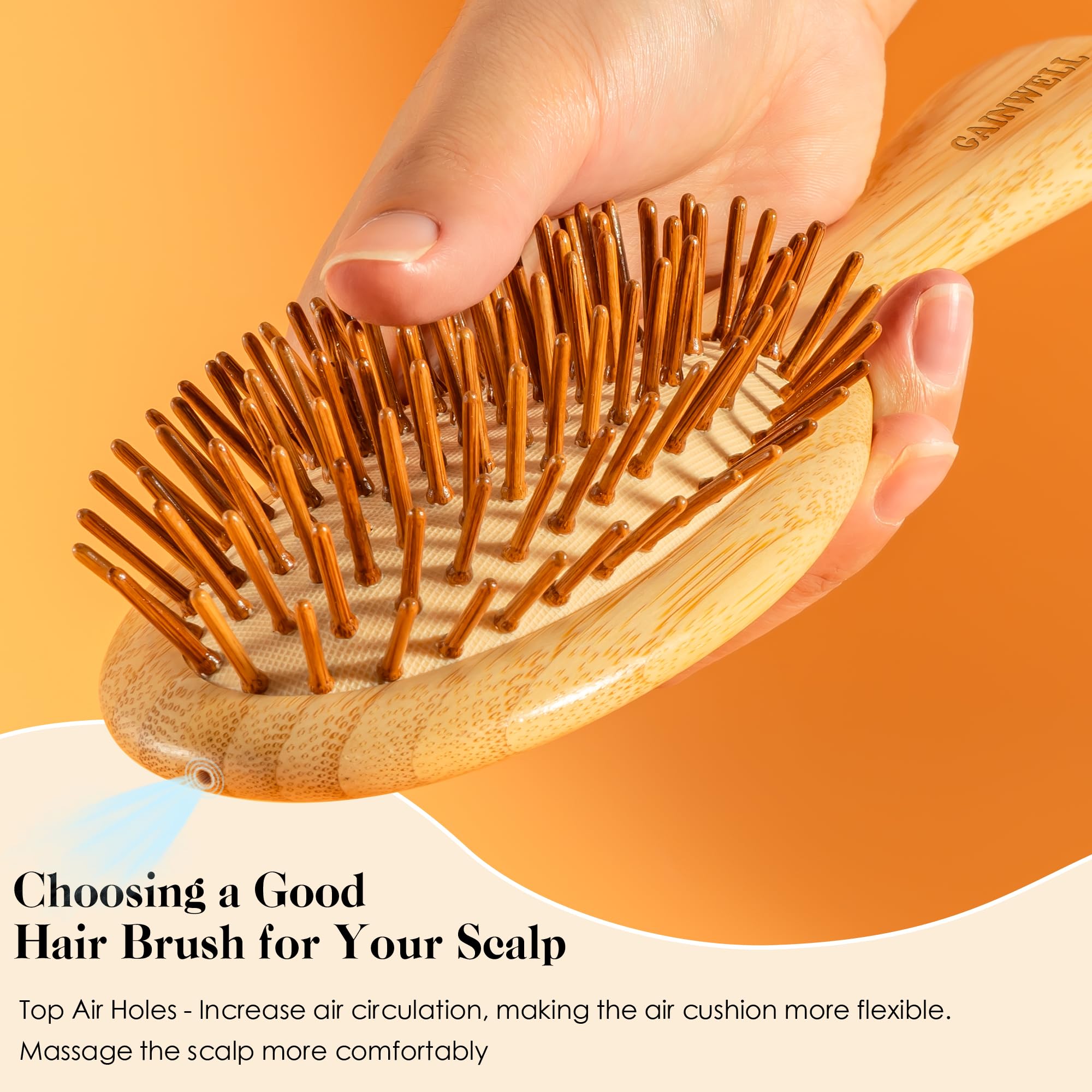 GAINWELL Hair Brush for Hair Growth, Bamboo Bristles Detangling Wooden Paddle Hair Brush for Massaging Scalp, All Hair Types Women Men Kids, Ergonomic Handle, Pointed Bristle