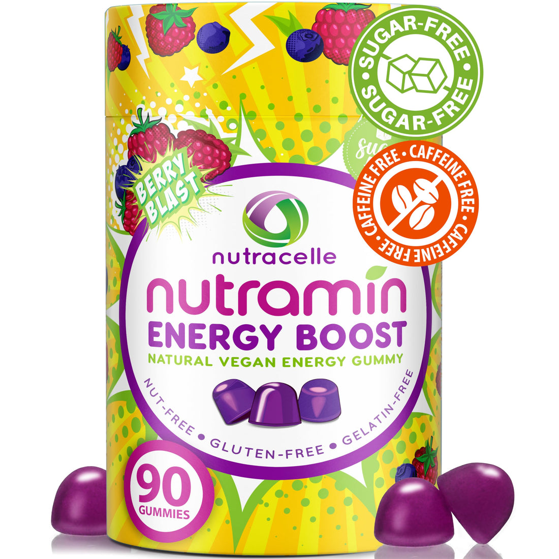 NUTRAMIN Energy Boost Vitamin Gummy - Skip The Coffee & Boost Your Energy, Caffeine-Free, Sugar-Free, Vegan, B12, Green Tea, Ashwagandha, Garcinia Cambogia, Raspberry Adaptogen - 90 ct