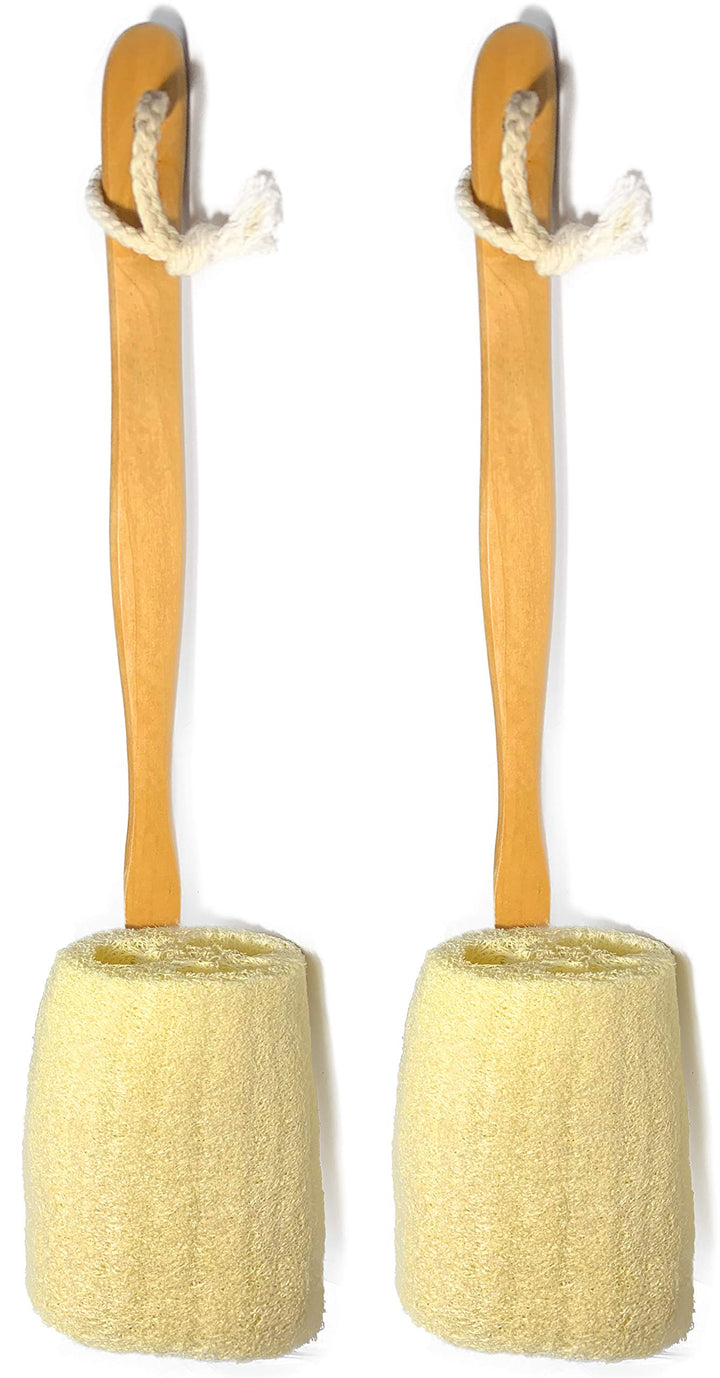 Natural Exfoliating Loofah Bath Brush On a Stick - Long Wooden Handle Back Brush For Men & Women - Shower Scrubber Pack of 2