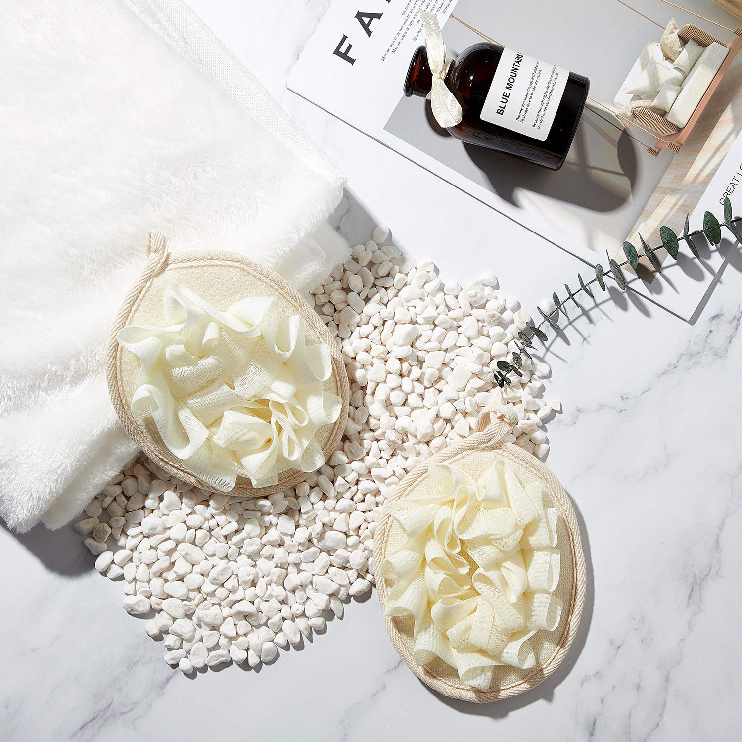 6 Pieces Bath Shower Pouf Sponge Mesh Pouf Shower Ball Exfoliating Body Loofah Shower Scrubber Ball Shower Glove with Flower Bath Ball (Beige)