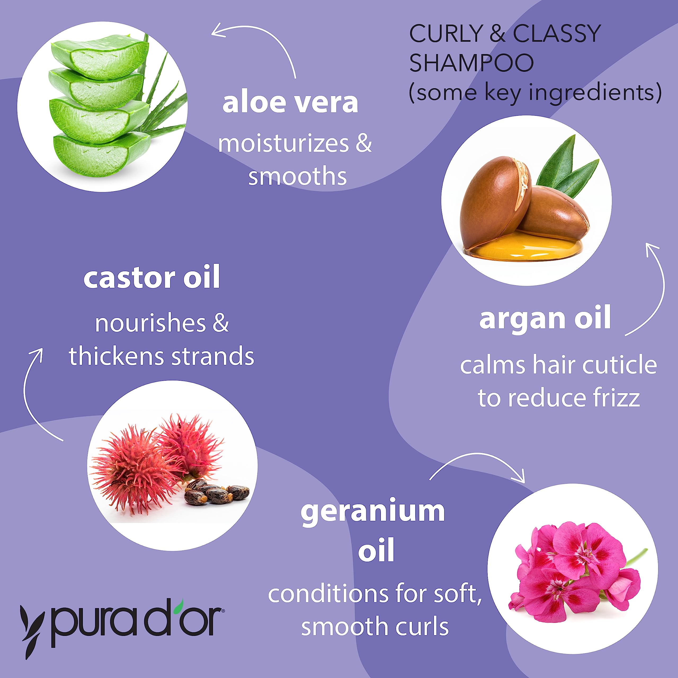 PURA D'OR Curly & Classy Shampoo & Conditioner Set for Defined Curls - Nourishing Formula with Argan, Castor, Geranium, Coconut & Kukui Seed Oils