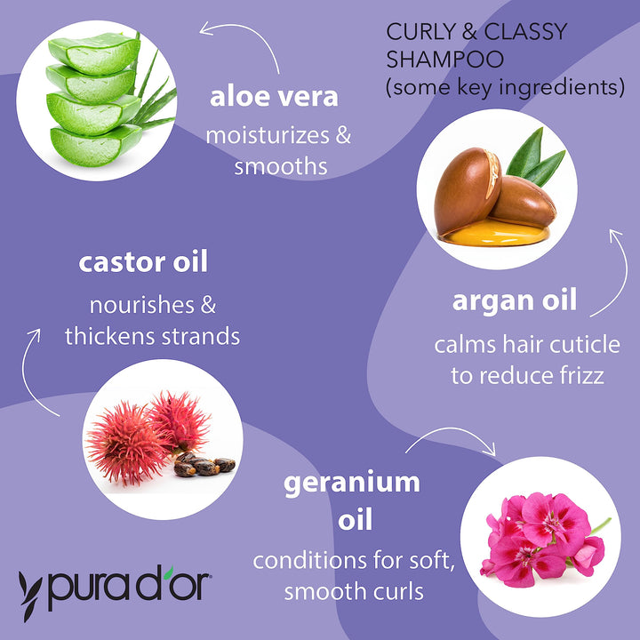 PURA D'OR Curly & Classy Shampoo (16oz) with Argan Oil, Castor Oil, Geranium Oil and Bergamot - Nourishing and Hydrating Formula for Luscious Curls