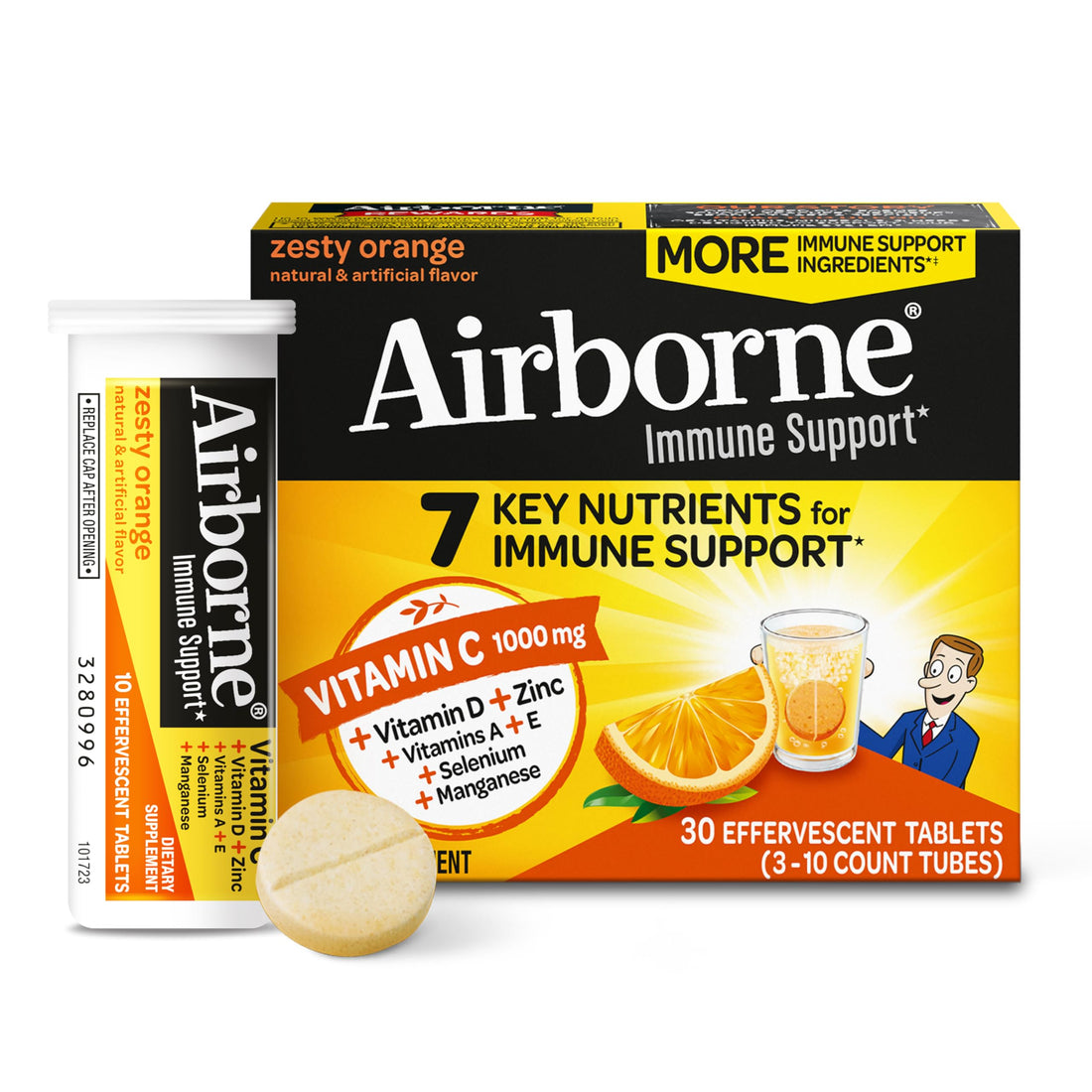 Airborne 1000mg Vitamin C with Zinc, SUGAR FREE Effervescent Tablets, Immune Support Supplement with Powerful Antioxidants Vitamins A C & E - 30 Fizzy Drink Tablets, Zesty Orange Flavor