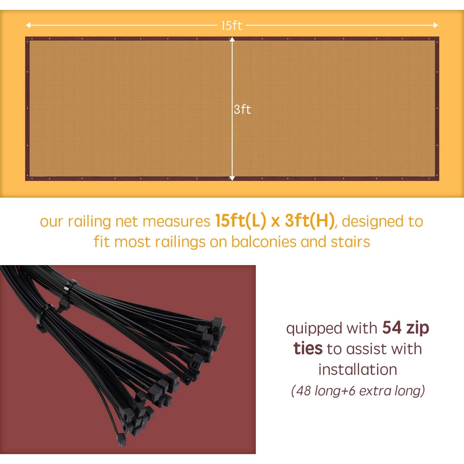 Banister Guard for Baby - 15ft x 3ft, Child Safety Net, Rail Balcony Banister Stair Mesh for Kids, Toys, Pets - Dark Brown…