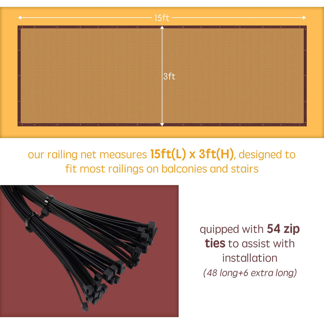 Banister Guard for Baby - 15ft x 3ft, Child Safety Net, Rail Balcony Banister Stair Mesh for Kids, Toys, Pets - Dark Brown…