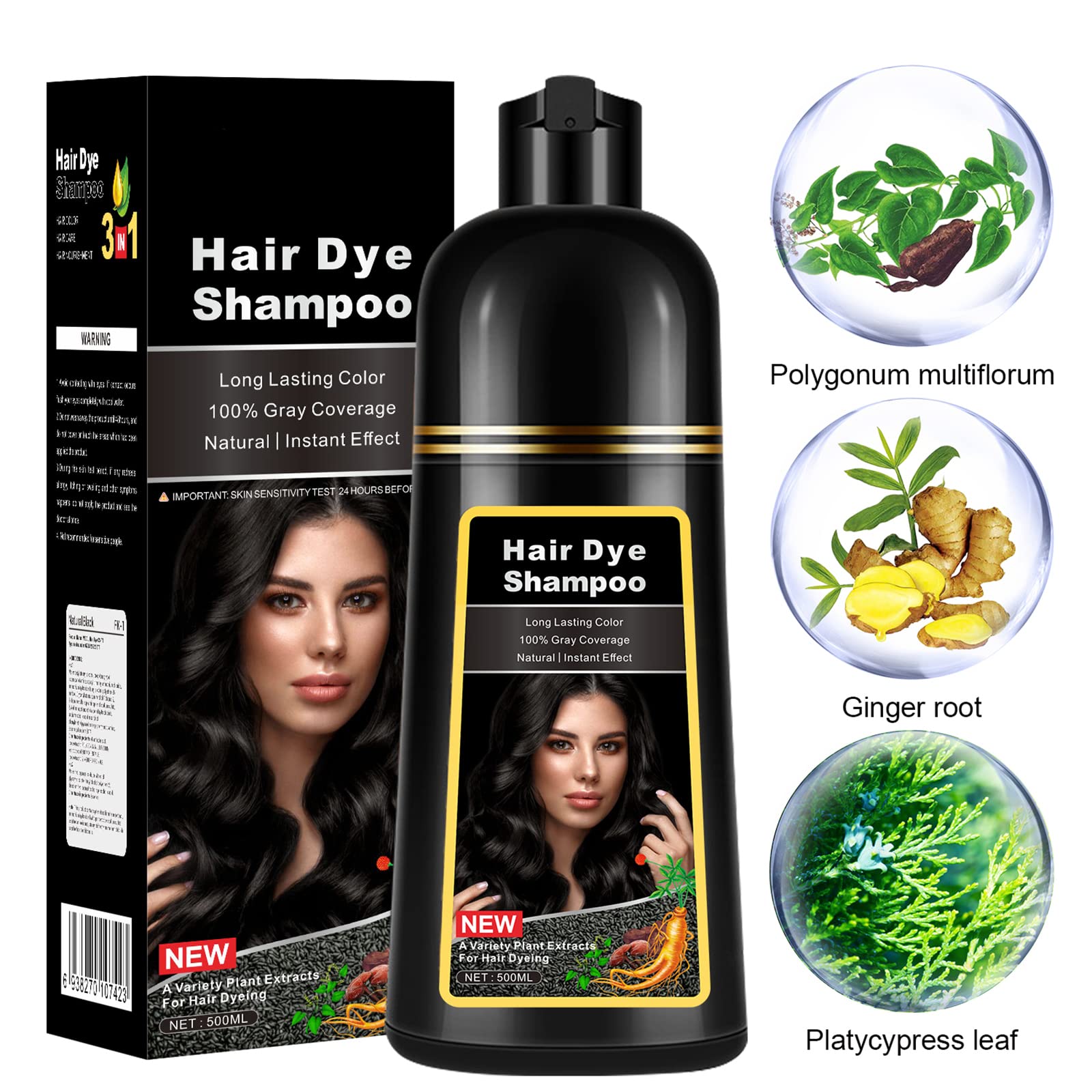 Instant Black Hair Dye Shampoo 3 in 1 for Men Women, Herbal Black Hair Shampoo Hair Color Shampoo for Gray Hair Coverage, Natural Black Hair Dye Black Shampoo Easy to Use 17.6 FL OZ (Black)