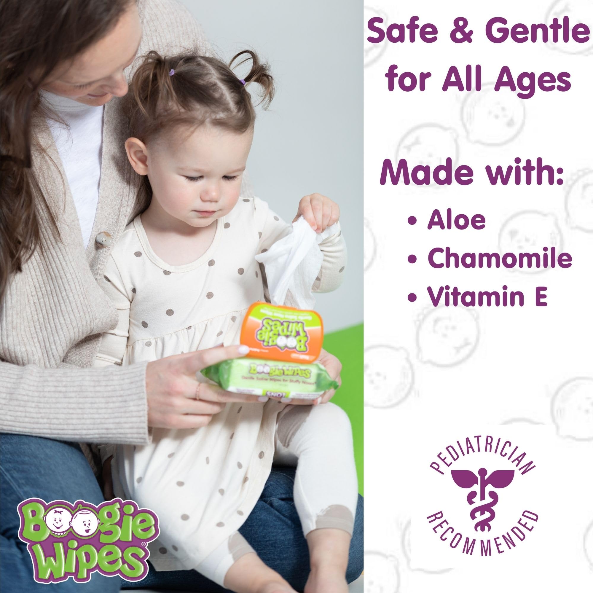 Saline Nose Wipes by Boogie, for Baby & Kids, Face, Hand & Body, FSA/HSA Eligible, Made with Vitamin E, Aloe, and Natural Saline, Fresh Scent, 45 Count (Pack of 1)