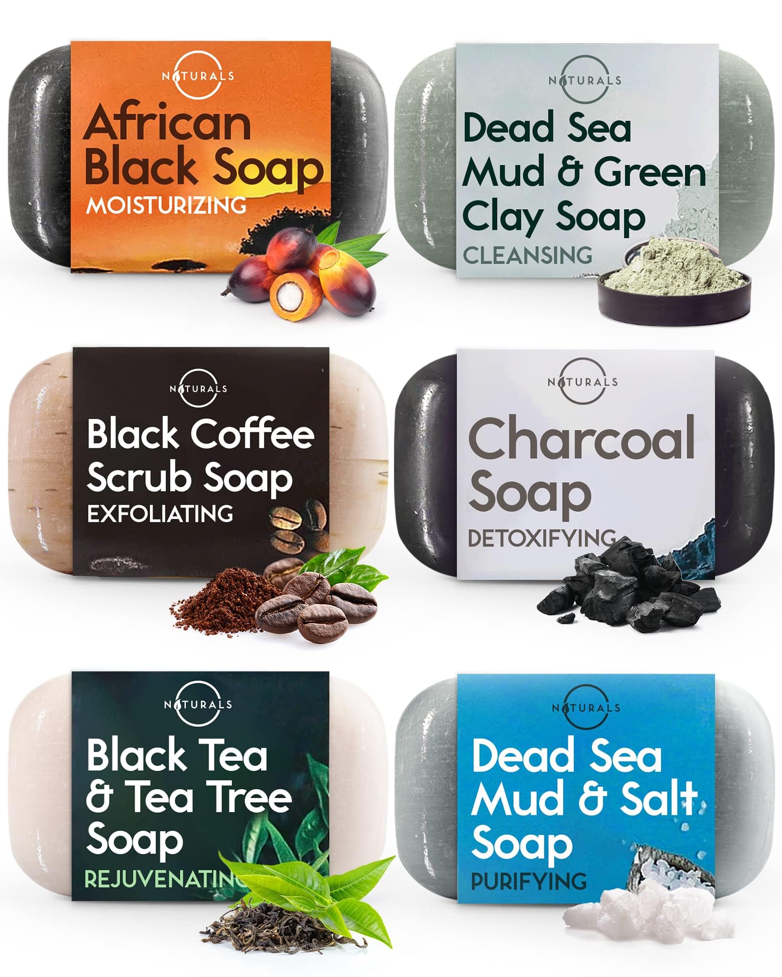 O Naturals 6-Piece Black Soap Bar Collection. 100% Natural. Organic Ingredients. Helps Treat Acne, Repairs Skin, Moisturizes, Deep Cleanse, Luxurious. Face & Body Women & Men. Triple Milled, Vegan 4oz