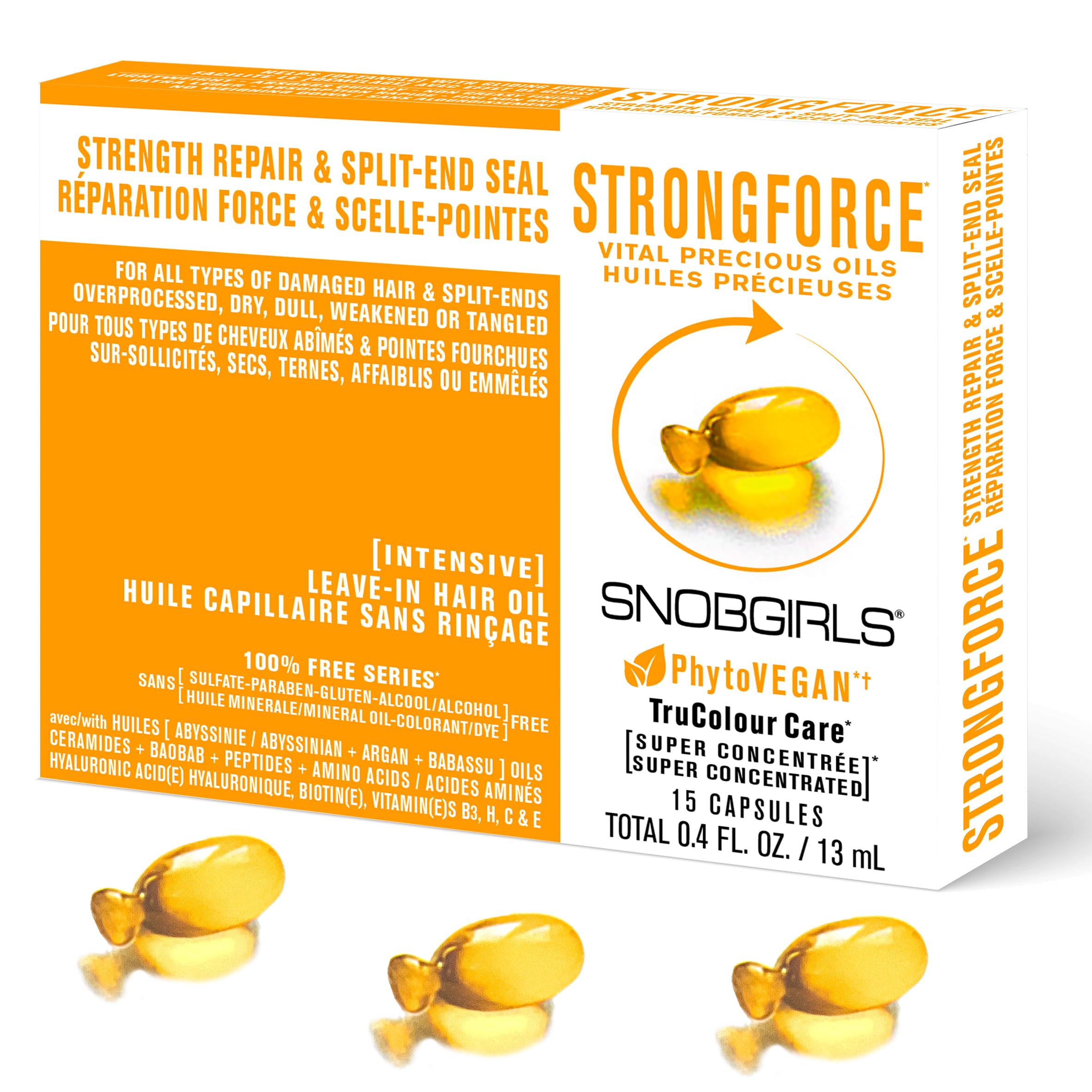 STRONGFORCE Salon Vegan Hair Oil Strengthening & Split End Repair. All Hair Types. Hair serum with Argan Oil, Baobab Oil, Avocado, Moringa, Niacinamide, Biotin & Hair Vitamins. Instant Hair Detangler