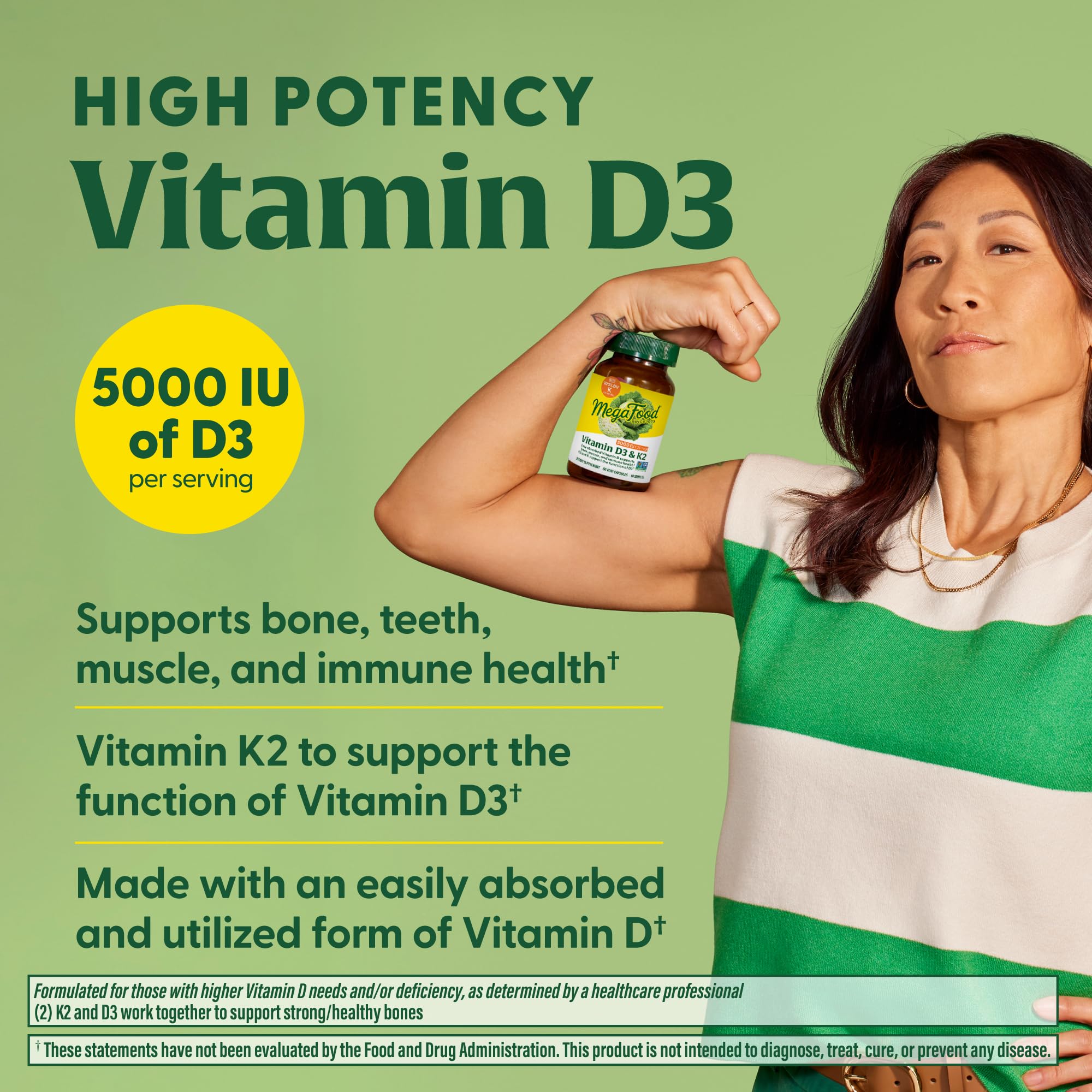 MegaFood Vitamin D3 5000 IU (125 mcg) - VegetarianVitamin D Supplements with Vitamin D3 K2, Supports Bones, Teeth, Muscles & Immune Health, Certified Non-GMO - 120 Mini Capsules, 120 Servings