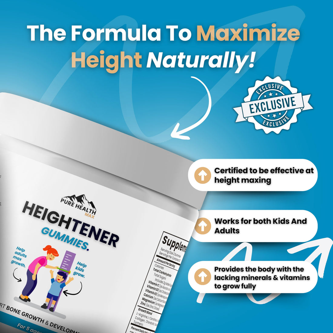 Heightener Gummies - Natural Height Growth Supplement for Kids, Teens and Adults to Increase Bone Strength and Grow Taller | Height Maximizer Pills with L-Arginine, Calcium & Zinc | 60 Gummy