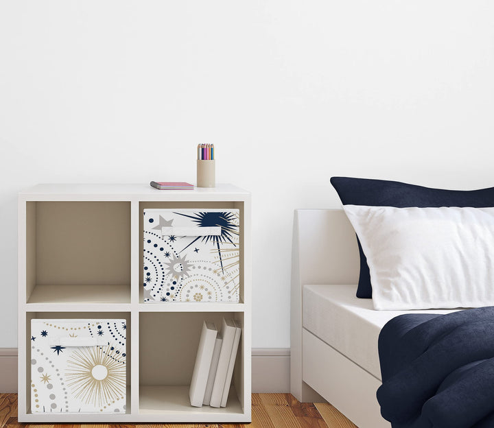 Sweet Jojo Designs Star and Moon Foldable Fabric Storage Cube Bins Boxes Organizer Toys Kids Baby Childrens - Set of 2 - Navy Blue, Gold, and Grey Celestial Sky Stars Gender Neutral Unisex