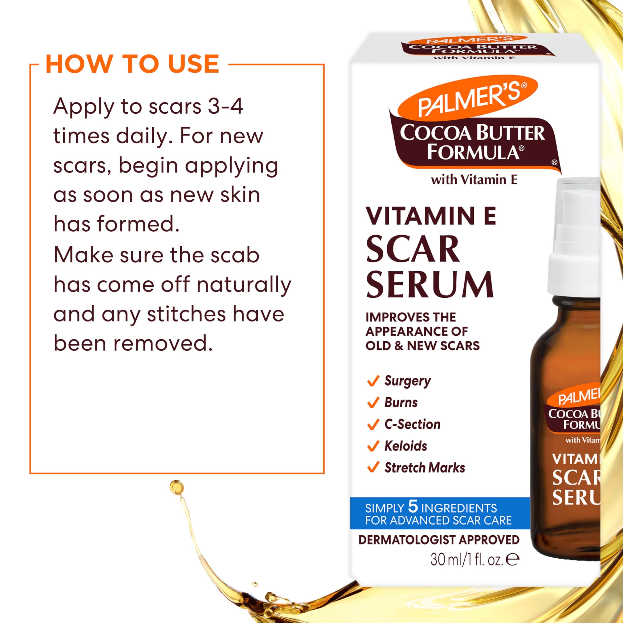 Palmer's Cocoa Butter Formula Scar Serum, Skin Brightening Oil for Face & Body, Concentrated Serum with Vitamin E, Fragrance Free, 1 Fl Oz