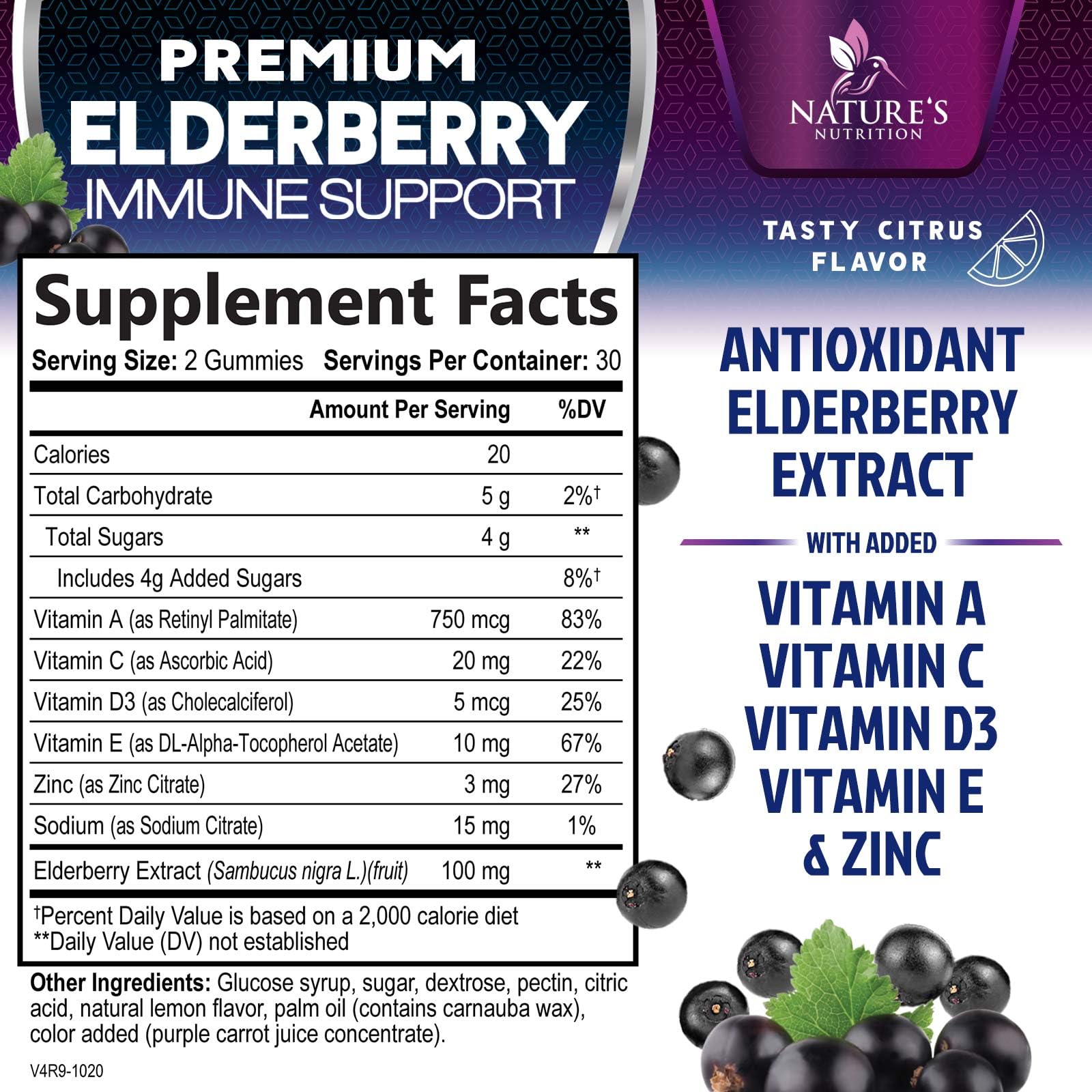 Immune Support Gummies - Powerful Sambucus Elderberry Gummies with Elderberry Extract, Zinc & Vitamin C Gummy, Max Potency Natural Vegan Immune Support Supplement for Adults & Children - 60 Gummies