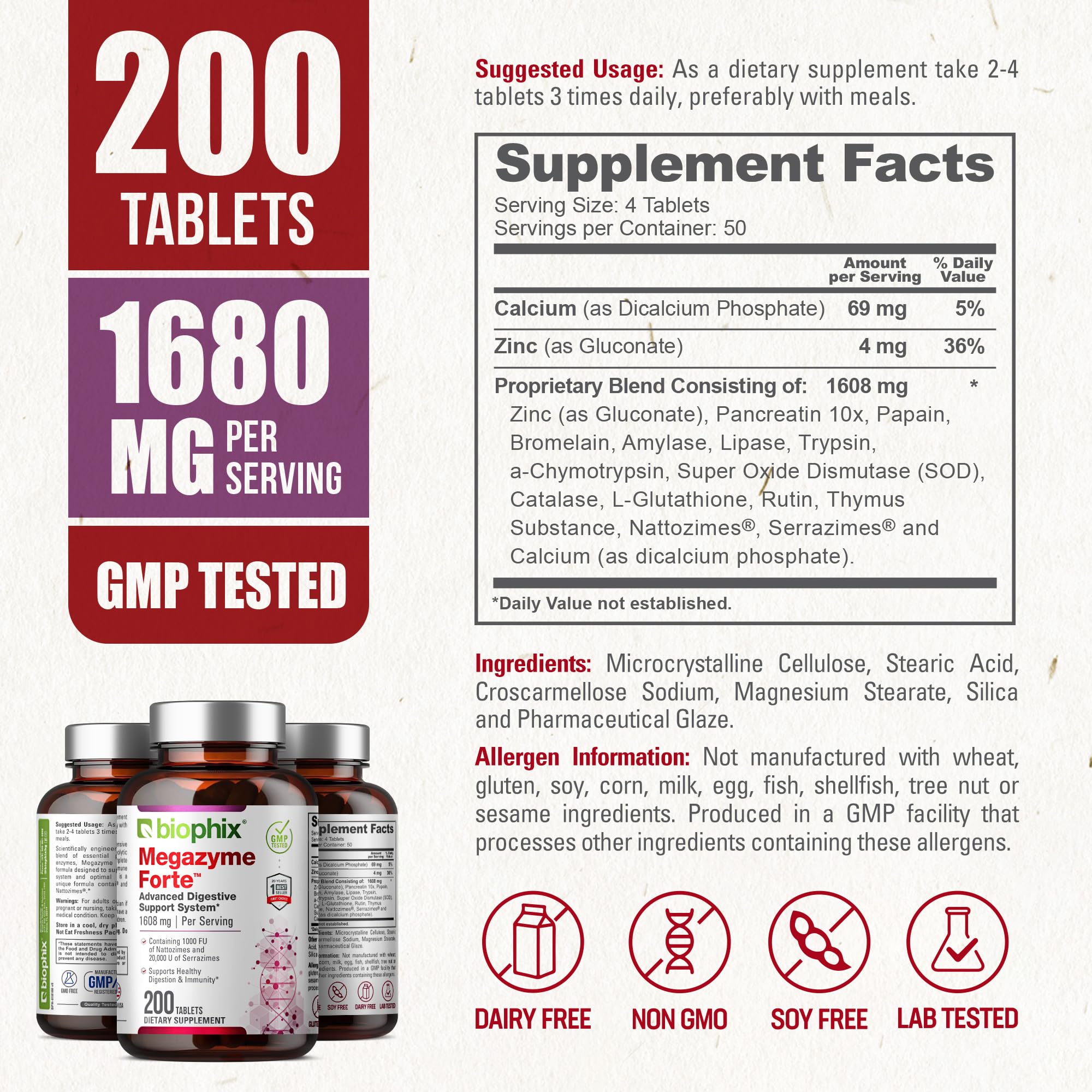 biophix Megazyme Forte 200 Tablets - Natural Plant Proteolytic Enzymes Nattozimes Serrazimes Supports Digestive System Immune Health