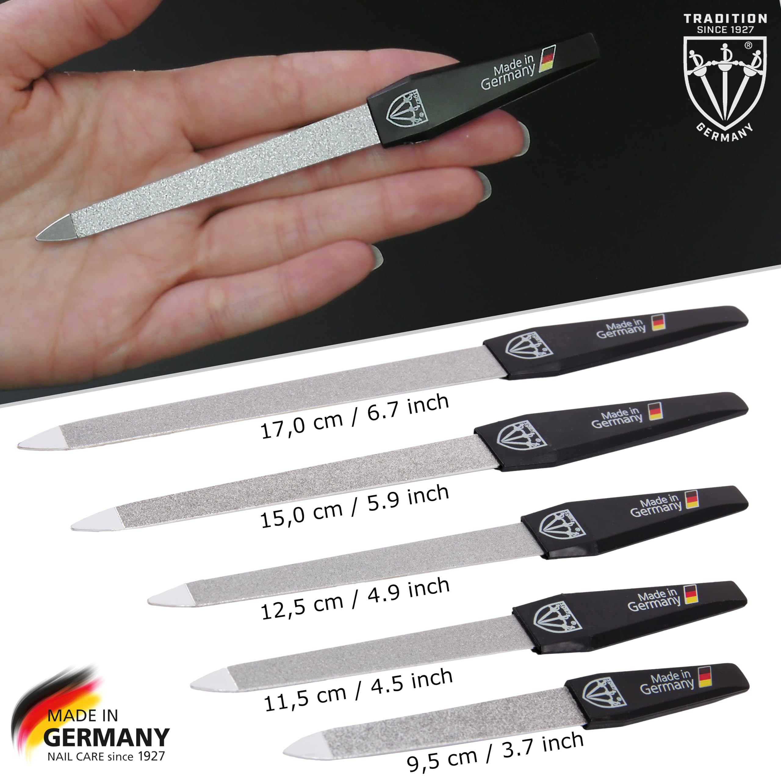 3 Swords Germany - Brand Quality Sapphire Metal Nail File Set (5 pcs.) with 3-Way Nail Buffer (1 pc.), Manicure Pedicure Finger & Toe Nail Care - Made in Solingen Germany (671)