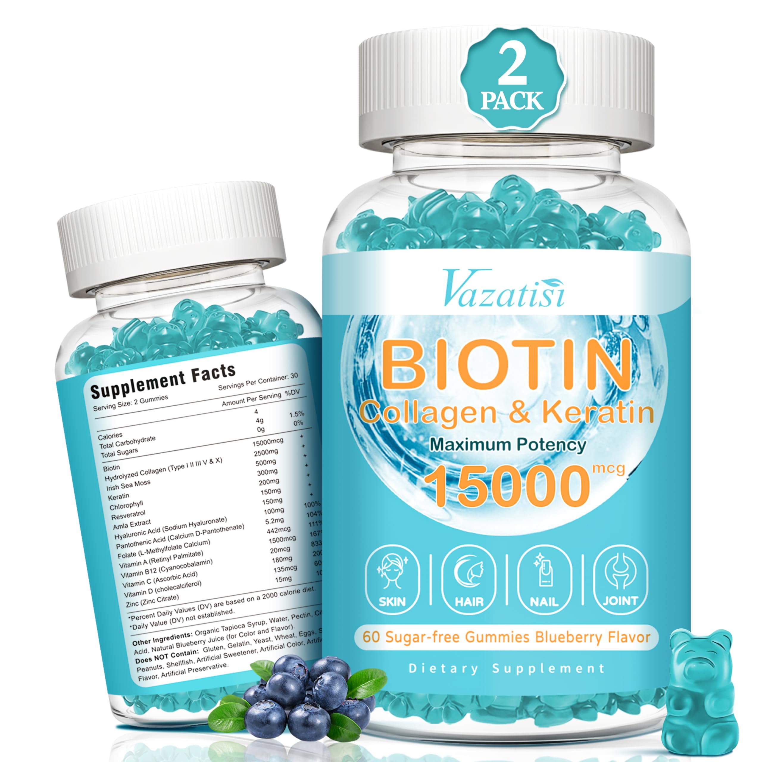 Biotin with Collagen Gummies, Hair Skin and Nails Vitamins Gummies, Vitamin C Zinc for Women Men - Blueberry Flavor, 2 Pack 120 Ct