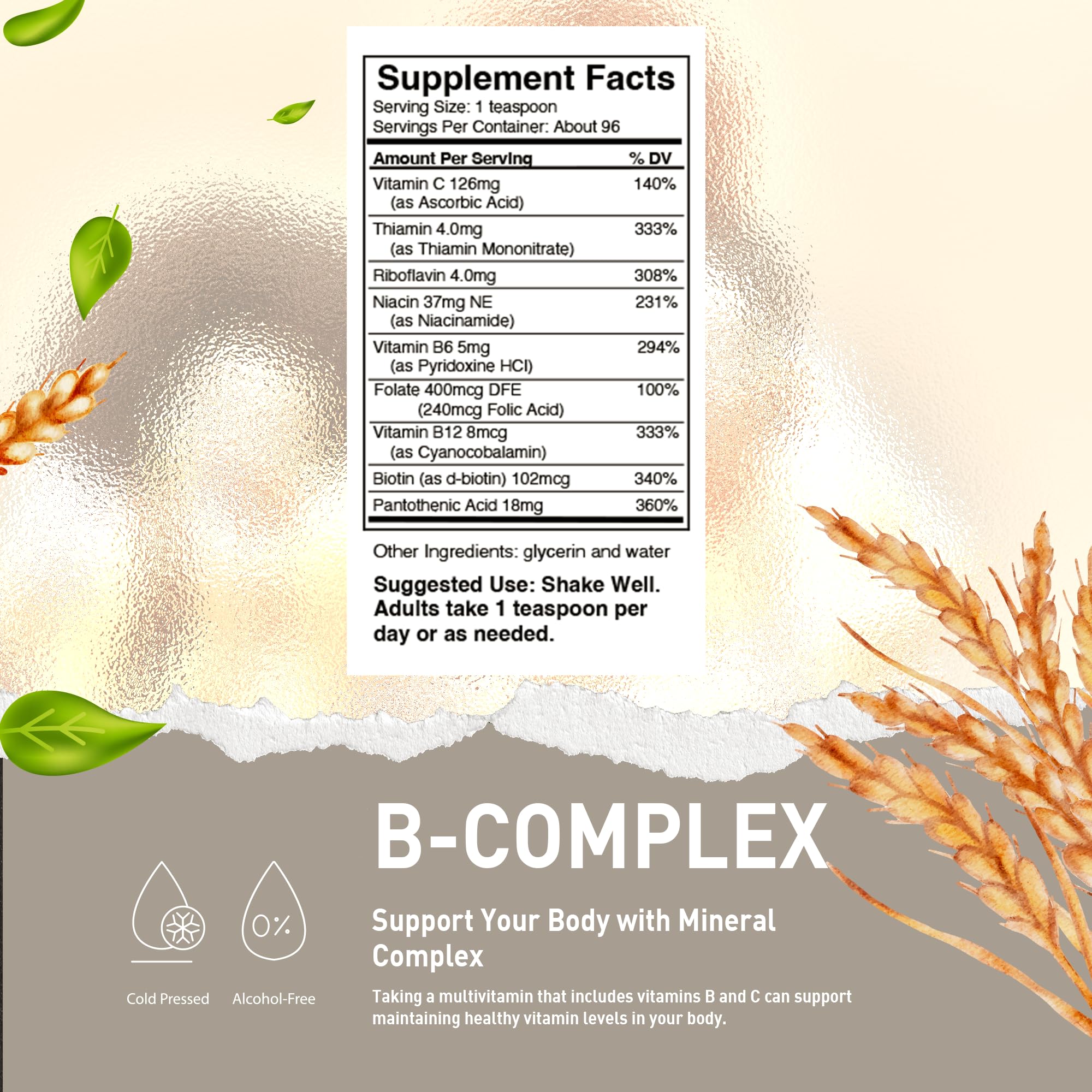 HoneyCombs Vitamin B Complex Drops – Liquid Supplement with Vitamin B1, B2, B3, B5, B6, B7, B9, B12 & Vitamin C – Liquid Super B Complex Vitamins – Alcohol-Free Liquid Vitamin Supplement, 16 Fl Oz.