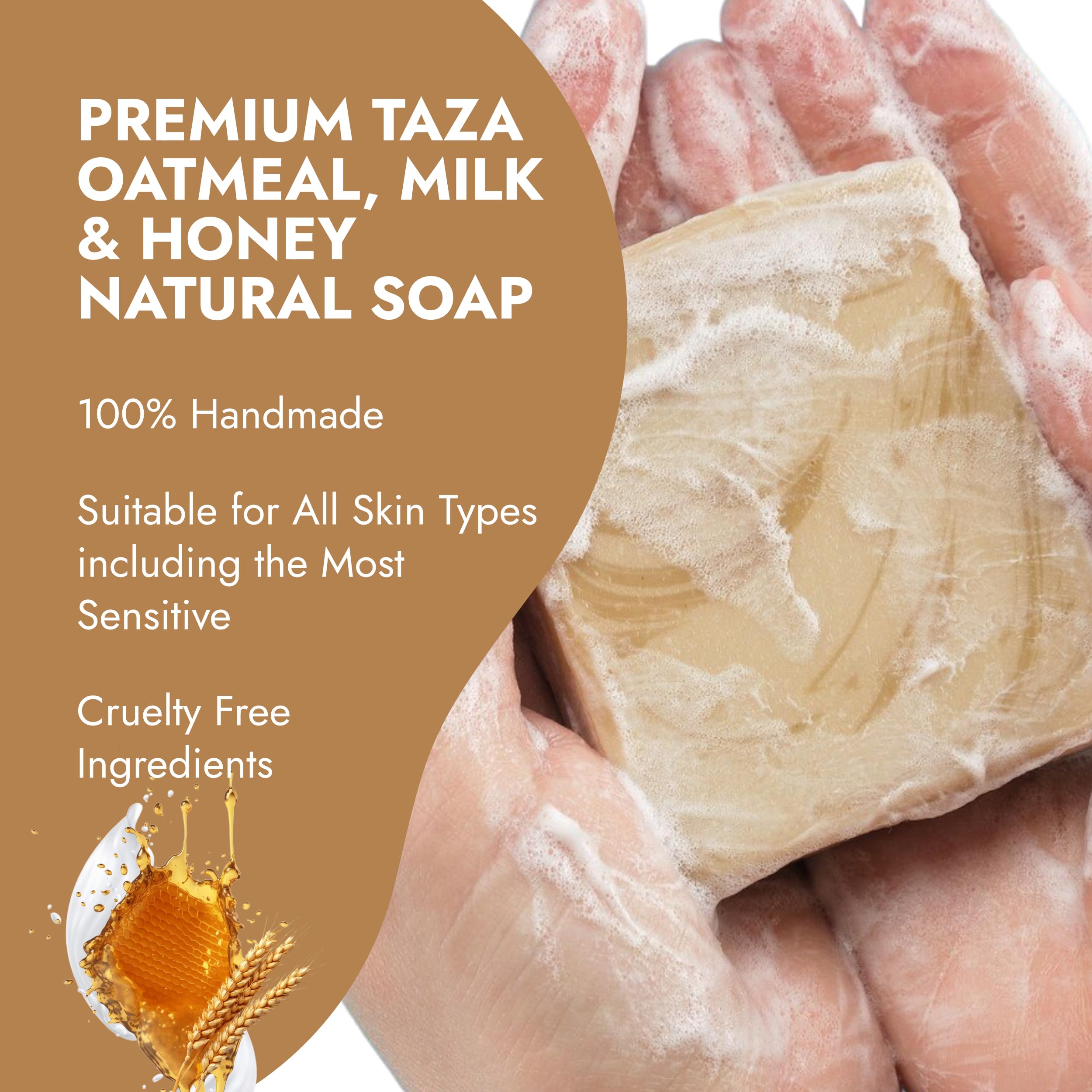 Taza Premium Oatmeal Milk & Honey Natural Soap (Pack of 3) ea. 5.3 oz (150 g) Radiant Skin Contains: Coconut, Olive, and Palm Fruit Oils, Shea Butter, Kaolin Clay, Oats, Honey, Goats Milk