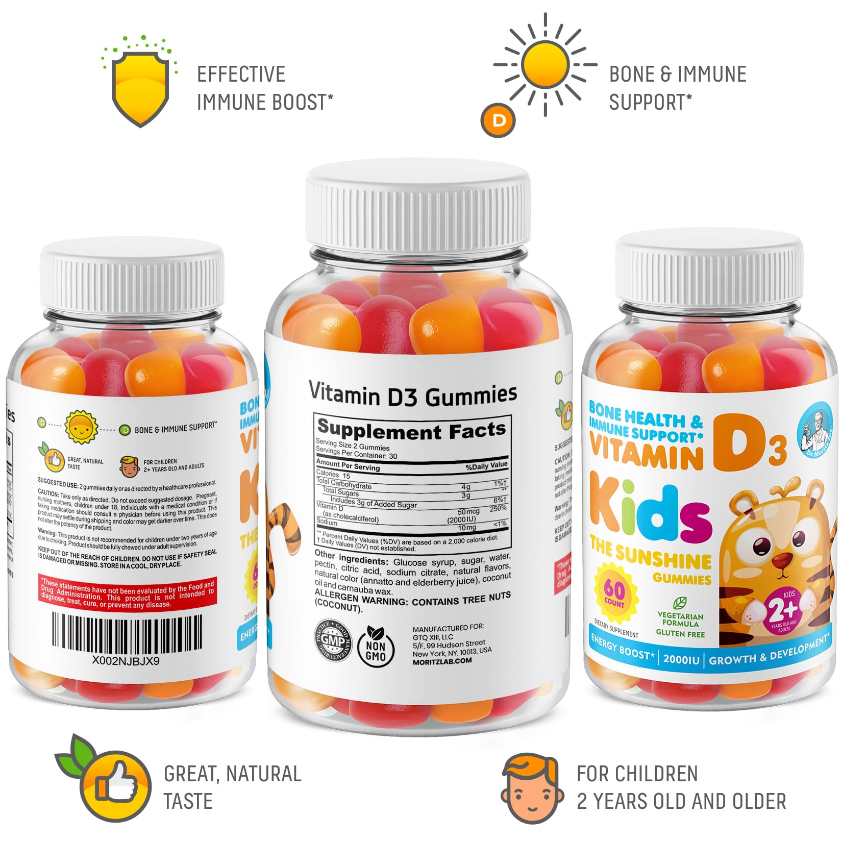 DR. MORITZ Vitamin D Gummies for Kids and Adults (2000 IU) - Chewable Kids Vitamin D Supplement for Immune Support - Vegetarian and Gelatin-Free, 2 Pack (120 Count)