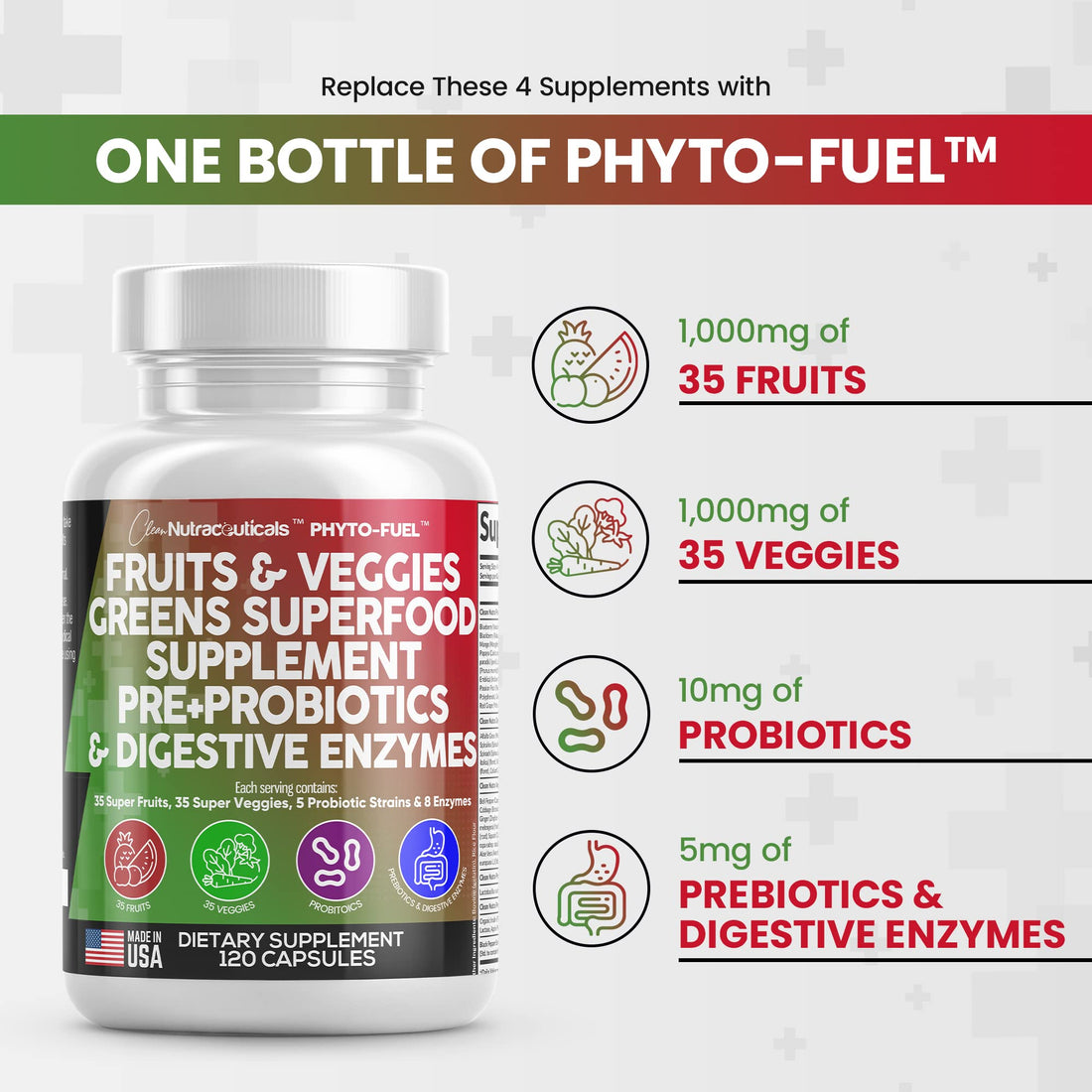 Clean Nutraceuticals Fruits and Veggies Supplement Reds & Green Superfood - Balance of Over 70 Fruit & Vegetable Supplements Capsules with Probiotics Prebiotics Digestive Enzymes - 120 Ct USA