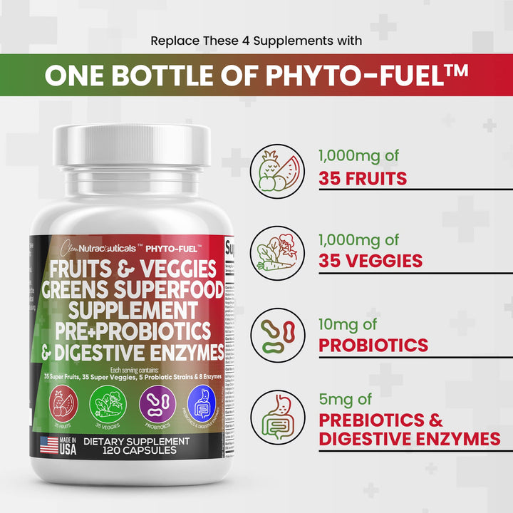 Clean Nutraceuticals Fruits and Veggies Supplement Reds & Green Superfood - Balance of Over 70 Fruit & Vegetable Supplements Capsules with Probiotics Prebiotics Digestive Enzymes - 120 Ct USA