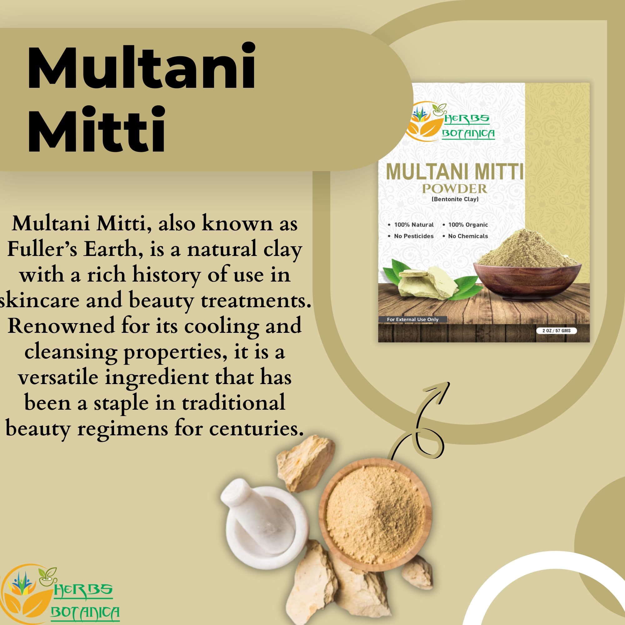 Herbs Botanica Multani Mitti Powder Earth Clay Mask 100% Pure Bentonite and Kaolin Clay for Skin Care, Indian Healing and Deep Cleansing – 2 oz Kaolin Clay Indian Deep Pure Grade Cleansing