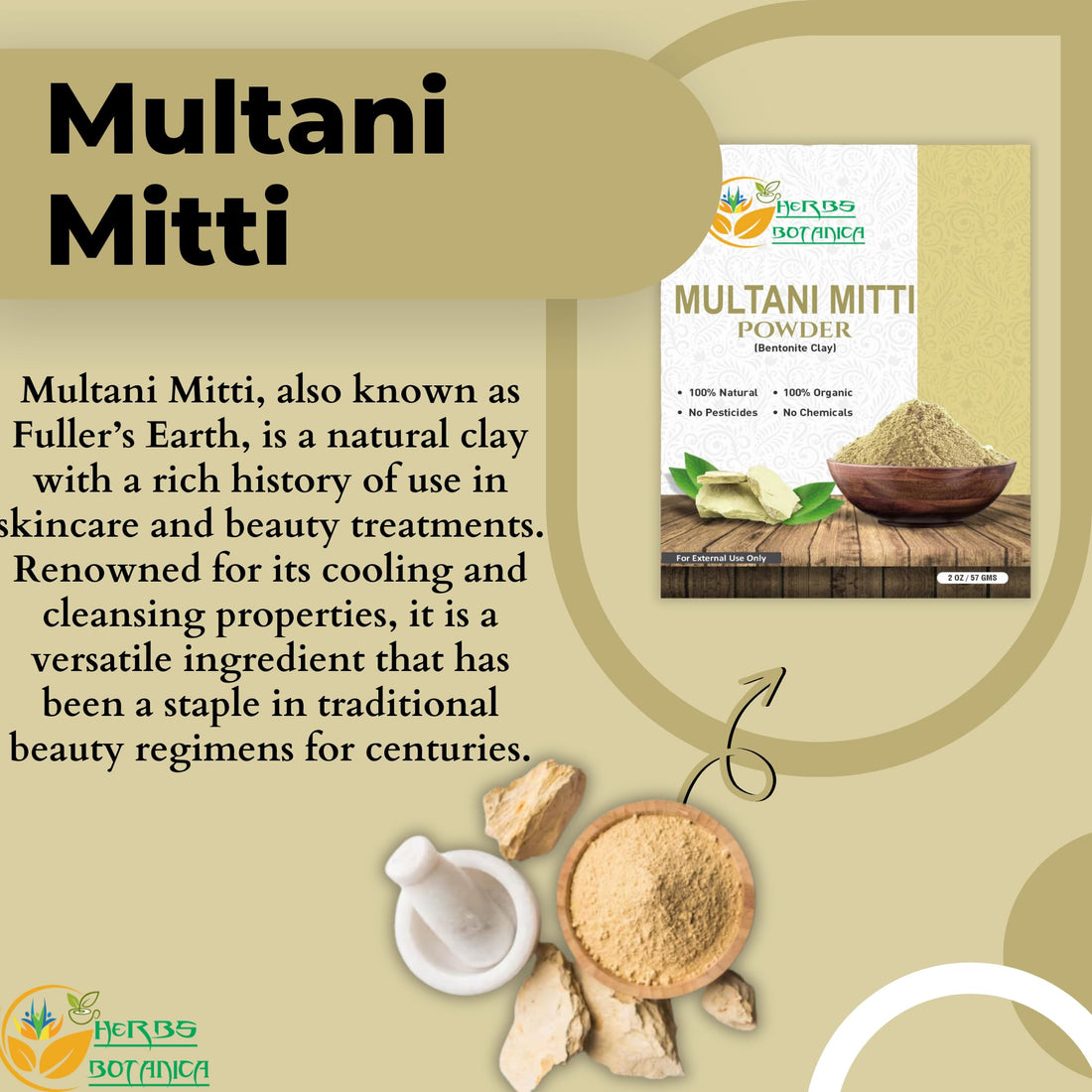 Herbs Botanica Multani Mitti Powder Earth Clay Mask 100% Pure Bentonite and Kaolin Clay for Skin Care, Indian Healing and Deep Cleansing – 2 oz Kaolin Clay Indian Deep Pure Grade Cleansing