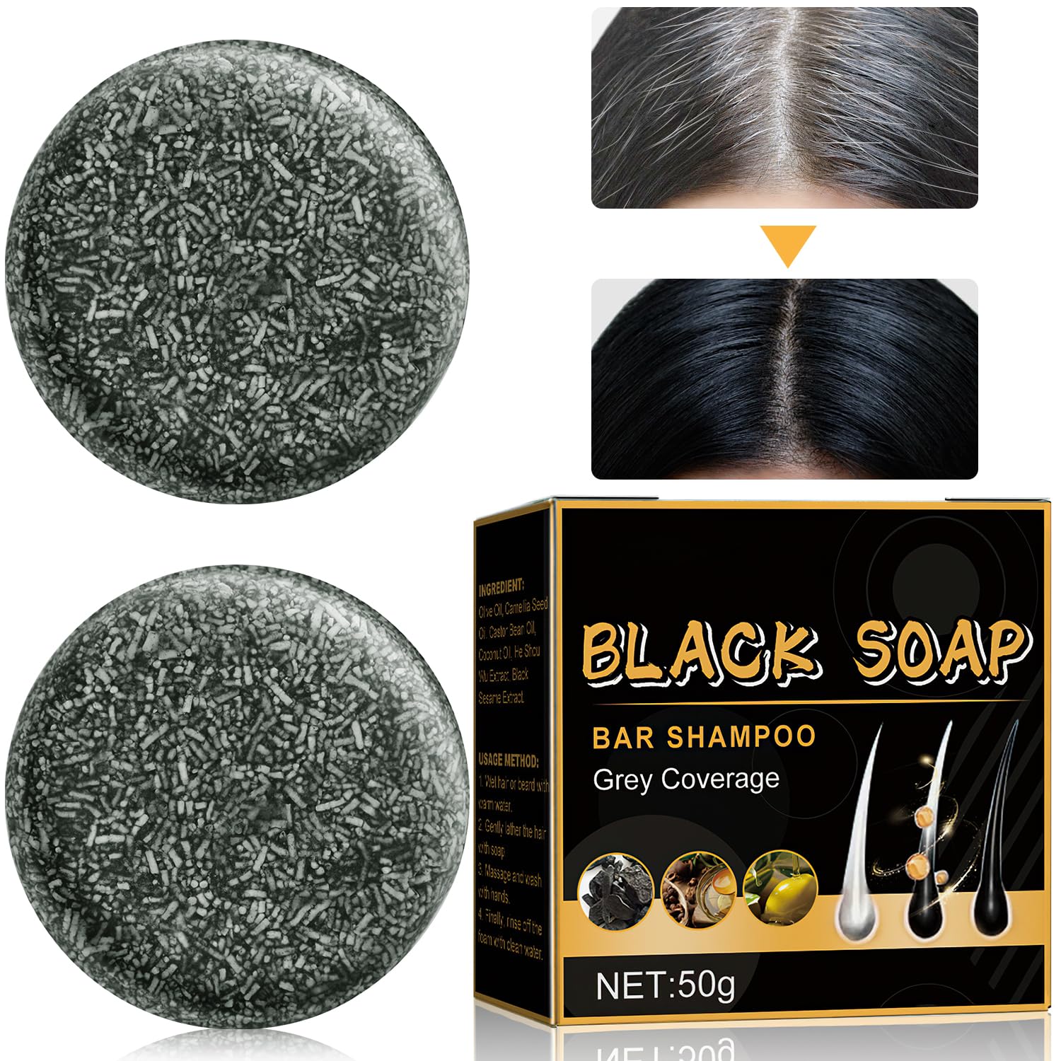 TPTAL Gray Reverse Bar,Cover Gray Hair Bar Soap,Natural Hair Darkening Shampoo Bar for Coverage Gray Hair Soap,Gray White Hair Reverse Bar,Fast Natural Black Hair Shampoo Bar Soap (2PCS)