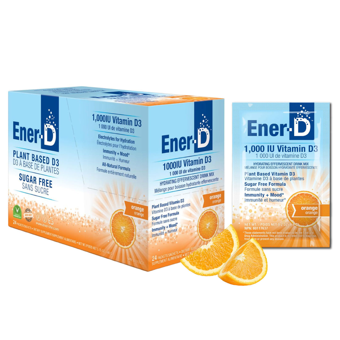 Ener-D Sugar Free Vitamin D3 Orange Multivitamin Drink Powder - Natural Immune & Energy Support for Women & Men - Zinc C & B Vitamins Plus Electrolytes Vegan & Non-GMO Real Fruit Juice - 24 Count