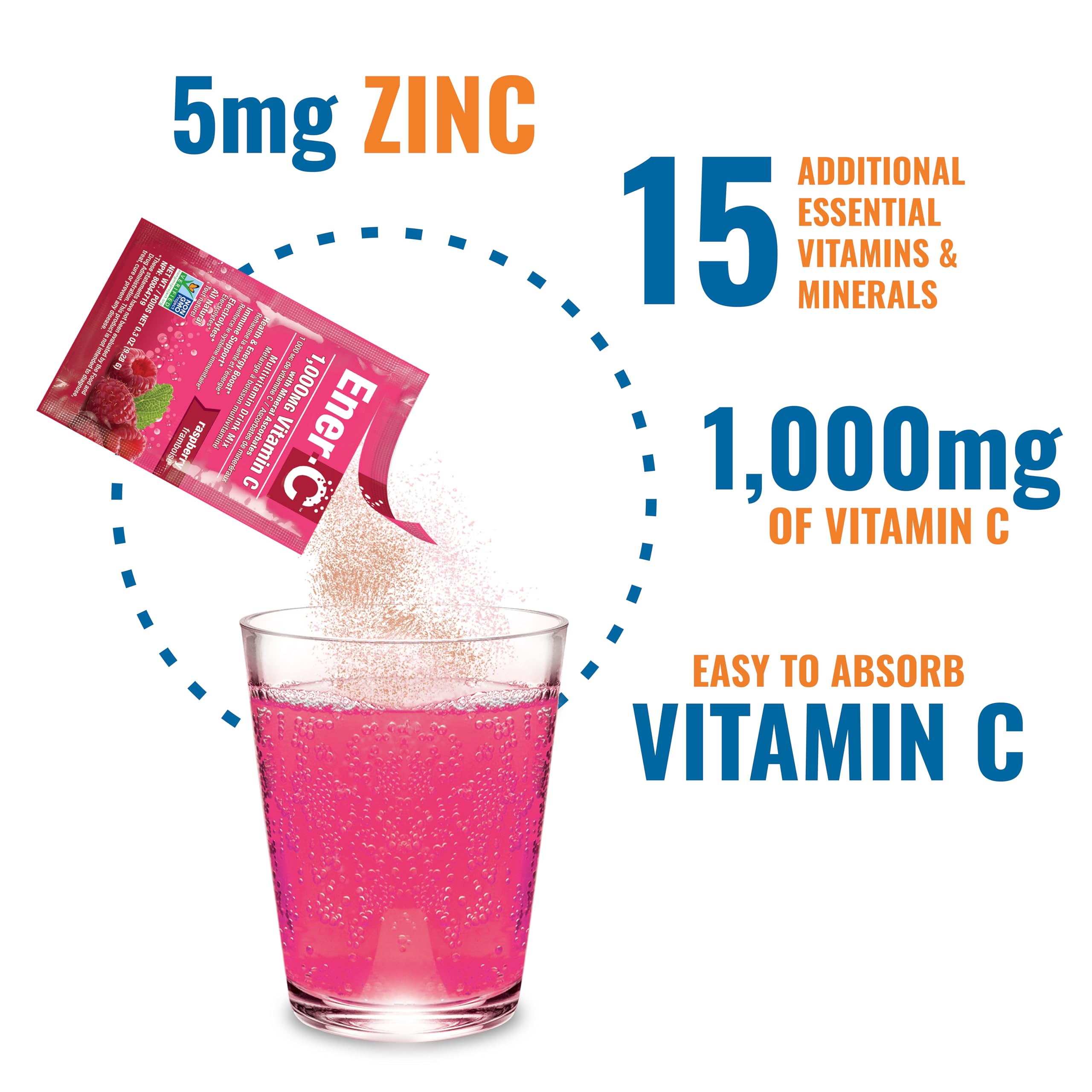 Ener-C Raspberry Multivitamin Drink Mix Powder Vitamin C 1000mg & Electrolytes with Real Fruit Juice Natural Energy & Immune Support for Women & Men - Non-GMO Vegan & Gluten Free - 60 Count