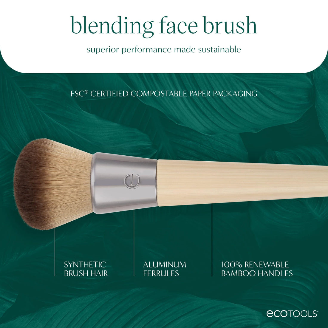 EcoTools Blending Face Makeup Brush, For Liquid & Cream Foundation, Bronzer, & Blush, Multipurpose Makeup Brush, Dense, Synthetic Bristles, Eco Friendly, Cruelty-Free & Vegan, 1 Count