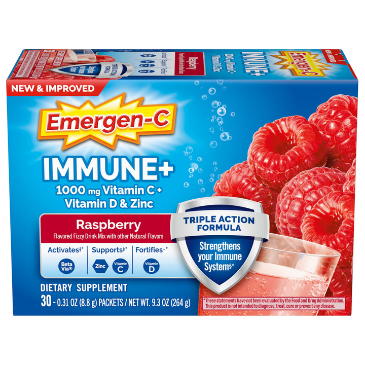 Emergen-C Immune+ Triple Action Immune Support Powder, BetaVia (R), 1000mg Vitamin C, B Vitamins, Vitamin D and Antioxidants, Raspberry – 30 Count