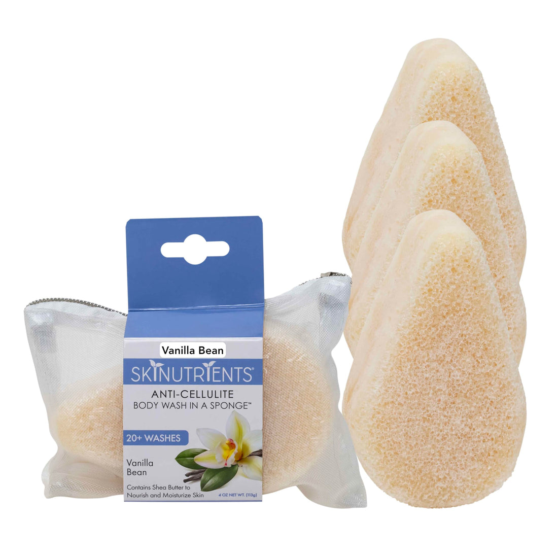 Spongeables Spongeables skinutrients anti-cellulite body wash in a sponge, vanilla bean scent, spa cellulite massager, moisturizer and exfoliator, 20+ washes, 4 Ounce sponge, pack of 3, 3 Count