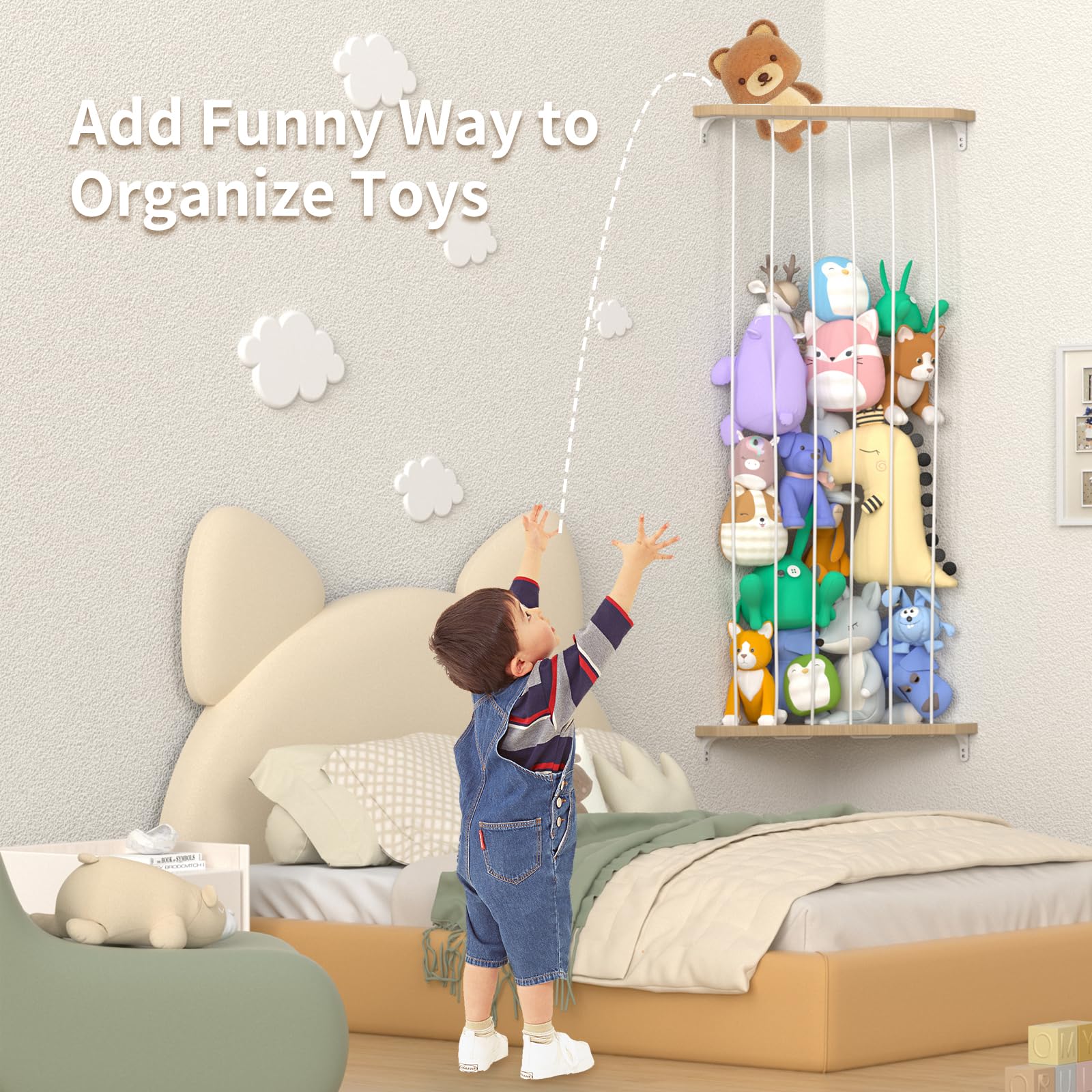 Zayysoha Stuffed Animal Storage Wood Corner Toy Plush Storage Hammock Hanging Storage Net, Toy Organizer Shelf for Nursery Playroom Bedroom Kid Room