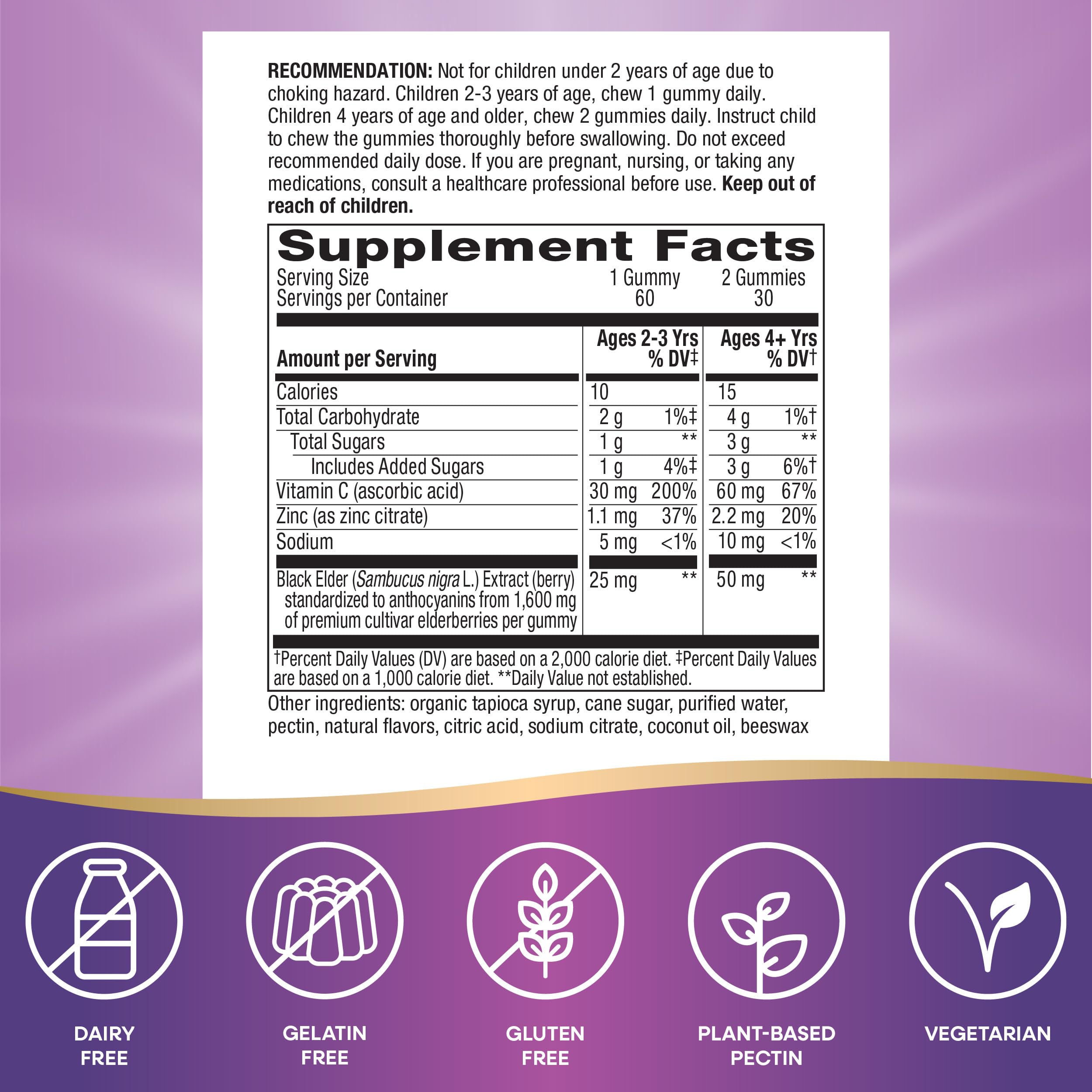 Nature's Way Sambucus Elderberry Immune Gummies for Kids with Black Elderberry Extract, Vitamin C and Zinc, Immune Support Gummies*, 60 Count (Set of 3)