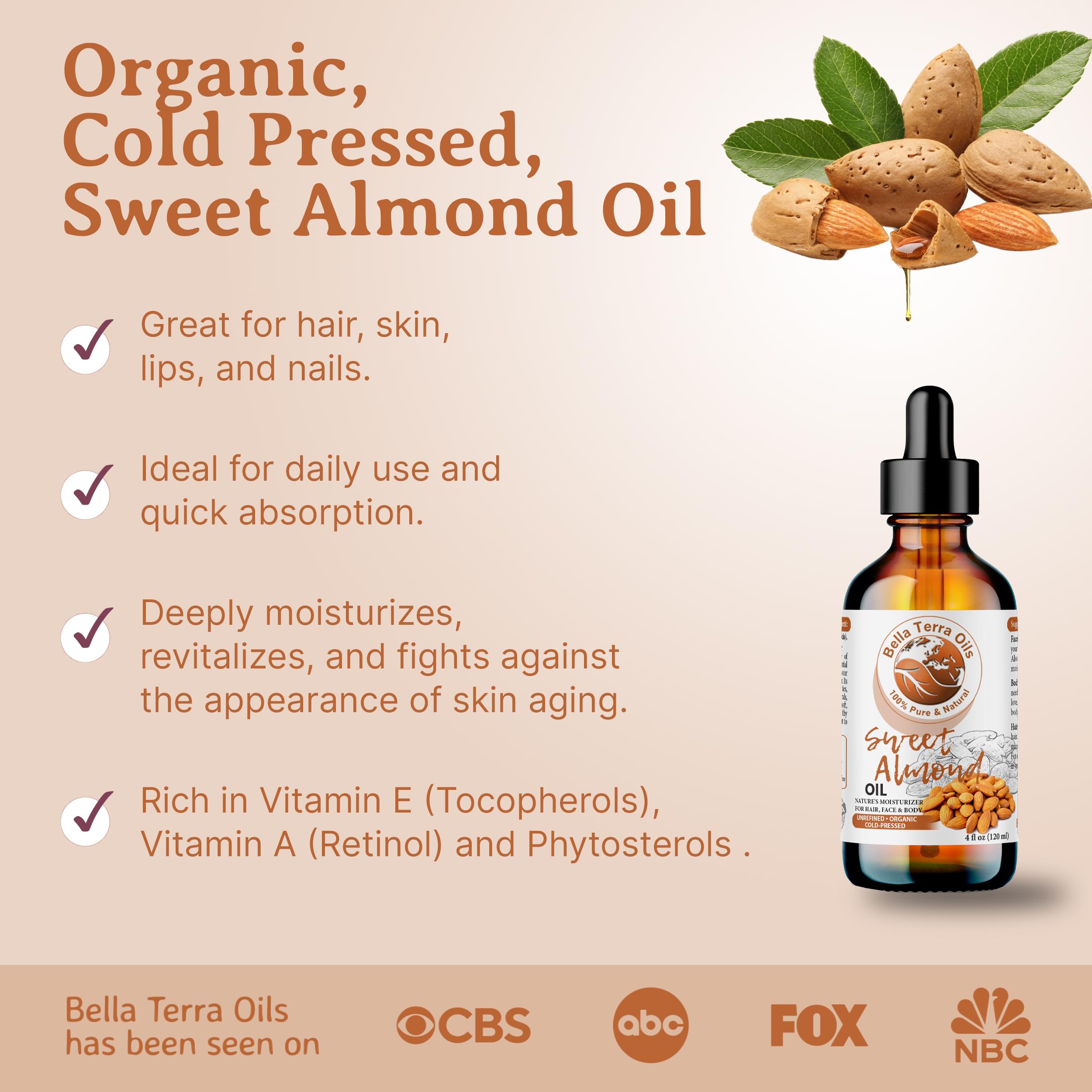 NEW Sweet Almond Oil. 4oz. Cold-pressed. Unrefined. Organic. 100% Pure. Pasteurized. Hexane-free. Fights Wrinkles. Softens Hair. Natural Moisturizer. For Hair, Face, Body, Nails, Beard, Stretch Marks.