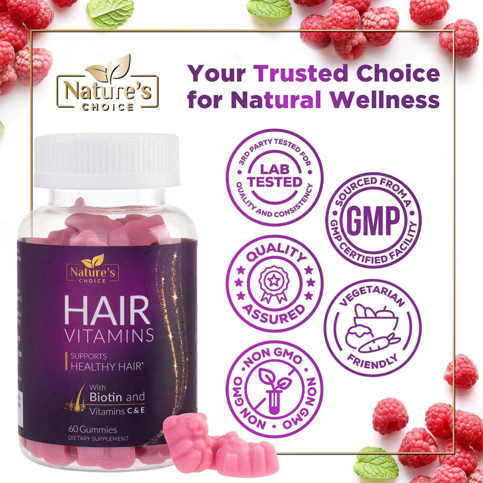 Hair Vitamins Gummies with Biotin 5000 mcg Vitamin E & C Support Hair Growth Gummy, Premium Vegetarian Non-GMO, for Stronger, Beautiful Hair, Skin & Nails, Biotin Gummies Supplement - 60 Gummy Bears