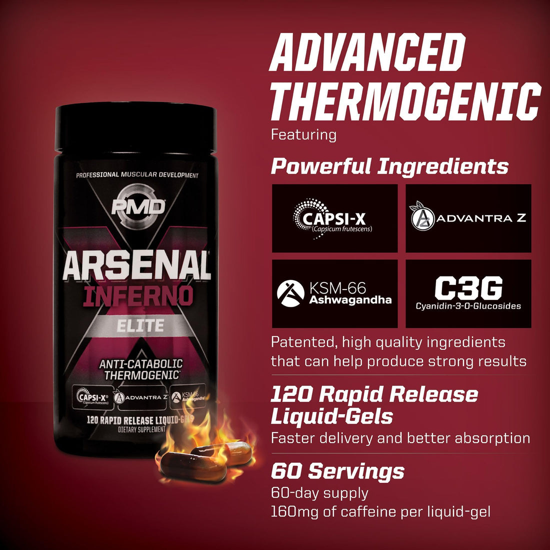 PMD Sports Arsenal X Inferno Superior Fast-Acting Liquid Gel Thermogenic Dietary Supplement - Fat Burner and Muscle Maintenance - Increase Metabolism and Energy Booster - 120 Liquid Gels
