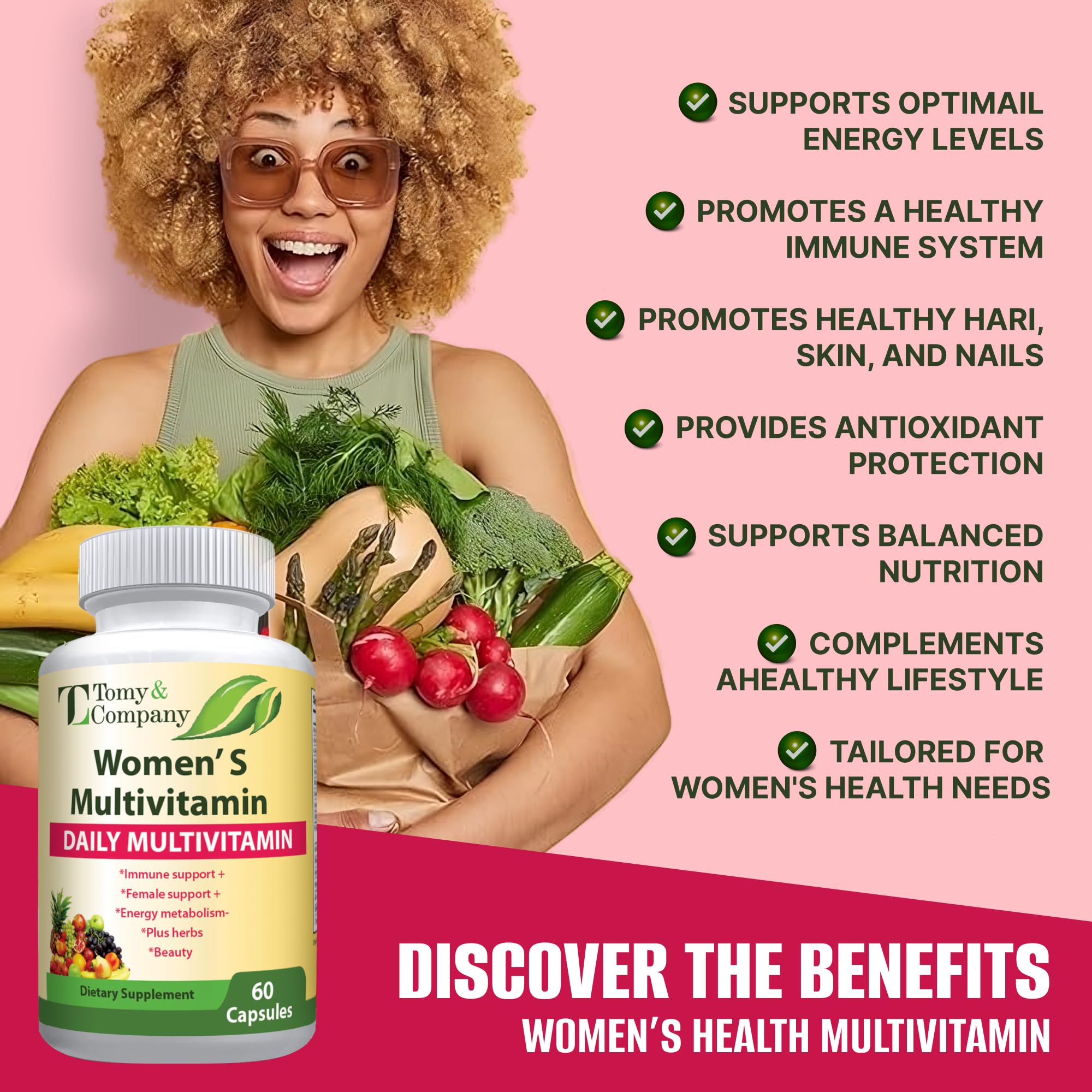 Tomy & Company Gluten-Free Vegetarian Women's Multivitamin with Zinc, B6, B12, Biotin and More - Hair, Skin & Nails, Bone Health, Immune Support, Women's Daily Vitamin Supplements Capsules
