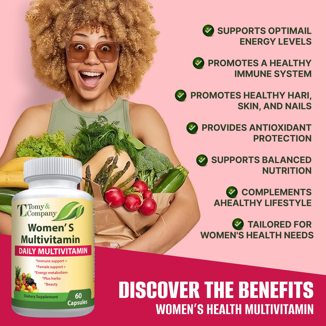 Tomy & Company Gluten-Free Vegetarian Women's Multivitamin with Zinc, B6, B12, Biotin and More - Hair, Skin & Nails, Bone Health, Immune Support, Women's Daily Vitamin Supplements Capsules