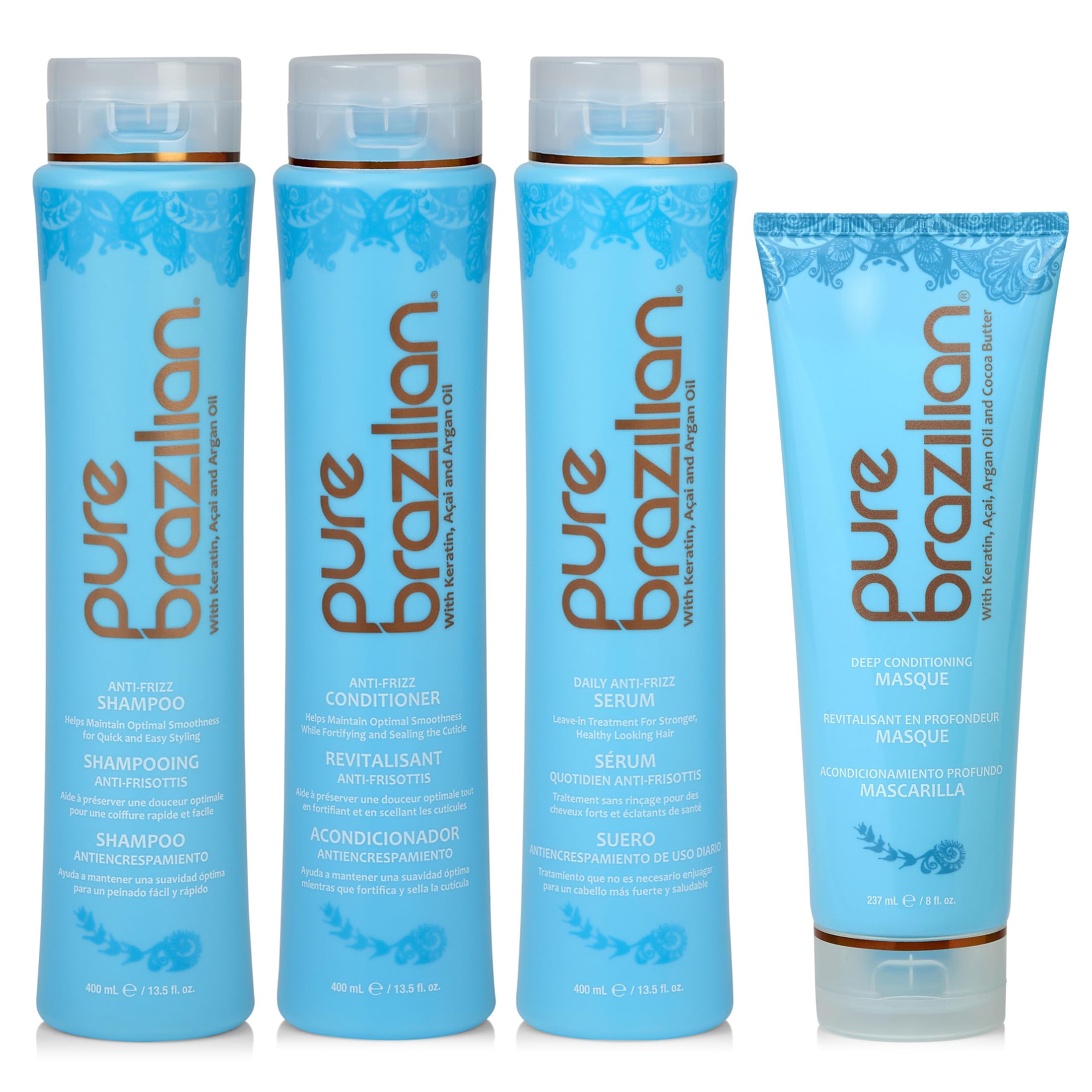 pure brazilian - 4 piece essential home care kit - anti frizz serum, shampoo, conditioner, and deep conditioning masque- with keratin, argan oil, and acai