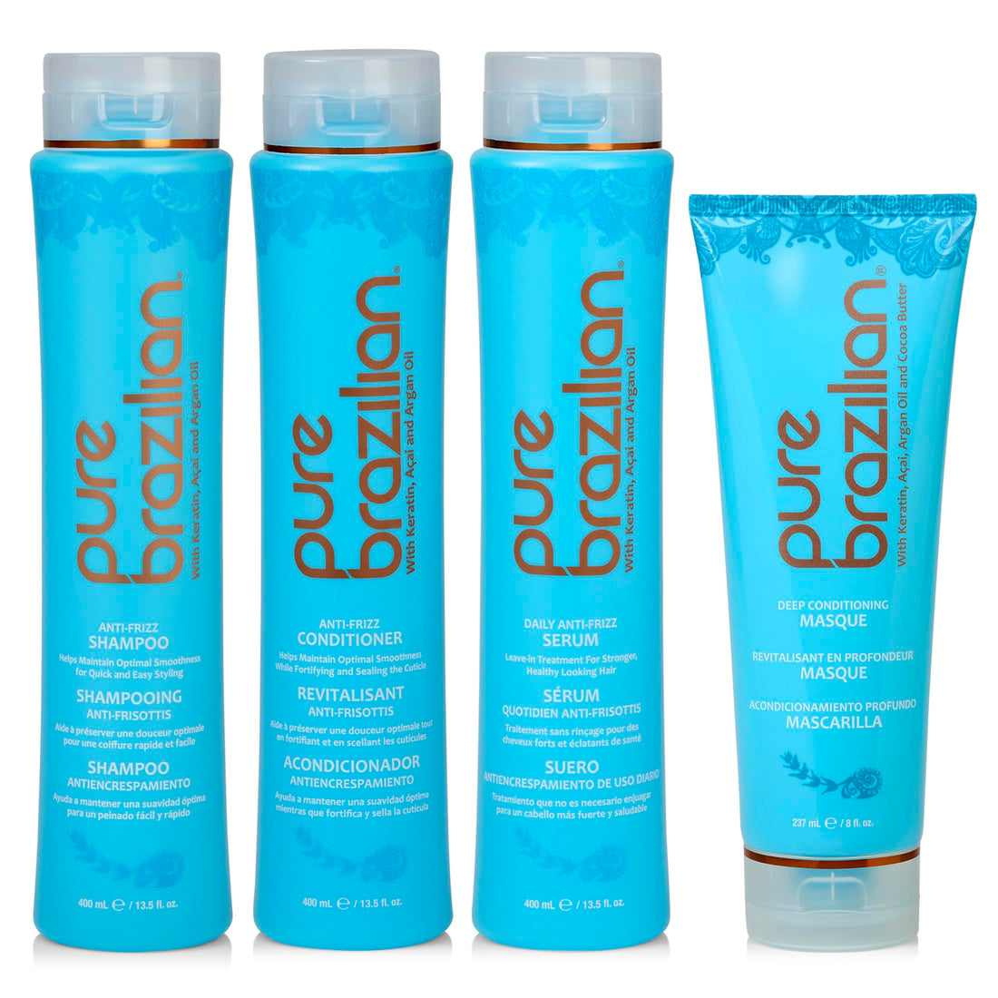 pure brazilian - 4 piece essential home care kit - anti frizz serum, shampoo, conditioner, and deep conditioning masque- with keratin, argan oil, and acai