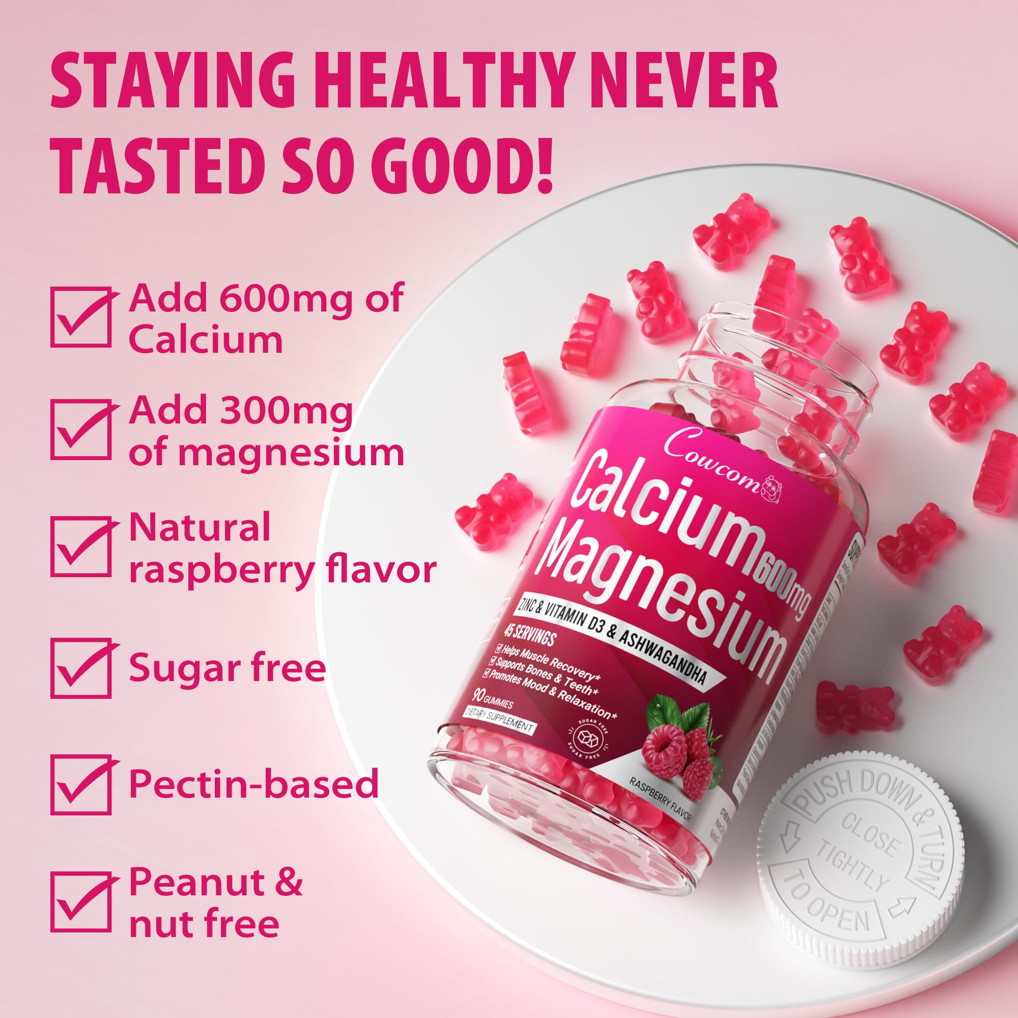 Calcium Magnesium Zinc Gummies Sugar-Free with Vitamin D3 B6 B12,High Absorption Calcium Magnesium Supplement,Bone, Muscles,Calm Mood,Sleep Support for Kids adults,90 Count Vegan Raspberry Flavor