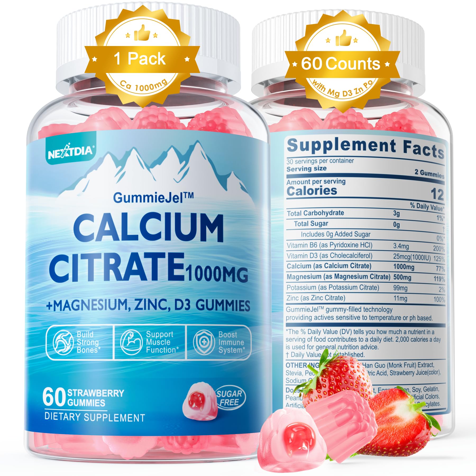 Calcium Citrate 1000mg Filled Gummies + Vitamin D3, Magnesium, Potassium, Zinc & B6 - Bones Strength, Muscle & Immune Support - Sugar Free Calcium Supplement for Women Men, Vegan Calcium Chews, 60Cts