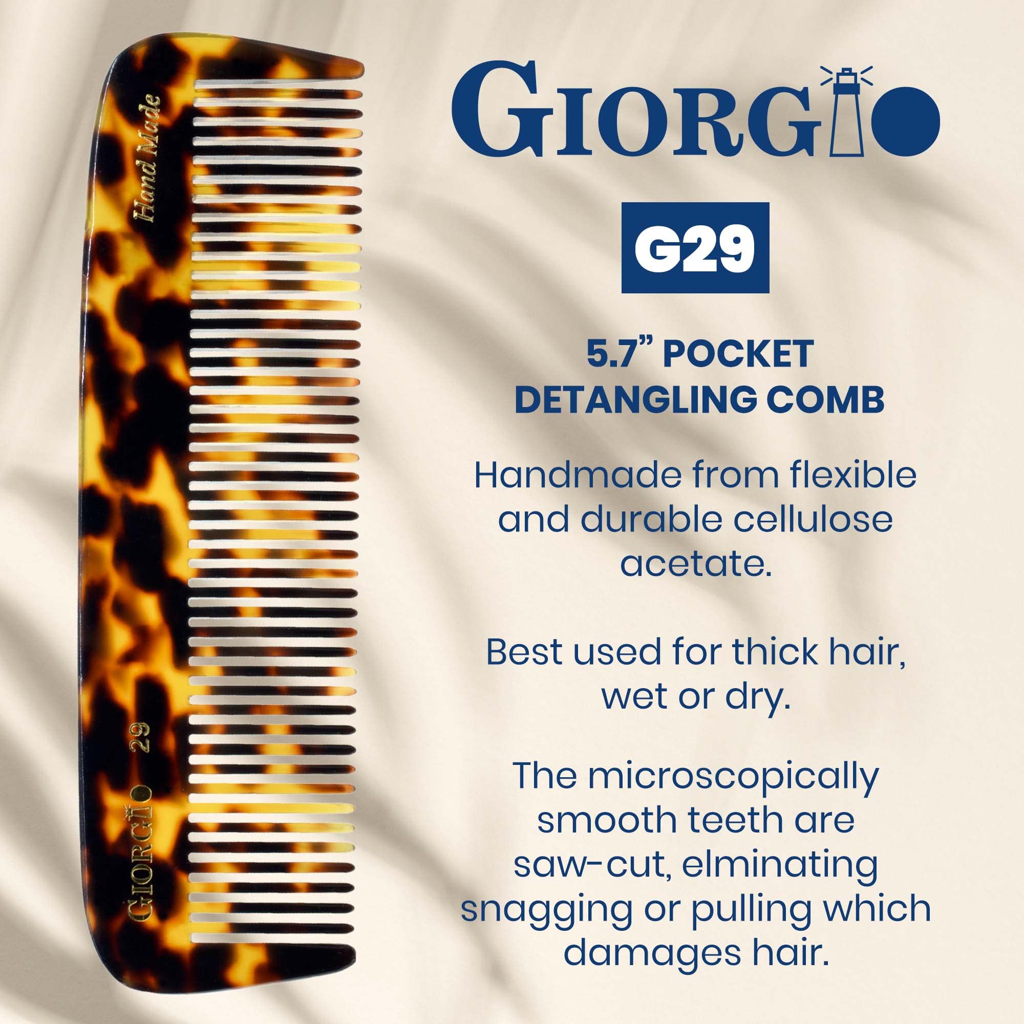 Giorgio G29 5 1/2 Hand Made Flexible Comb Long Teeth. Hand-Made of quality Durable Cellulose.