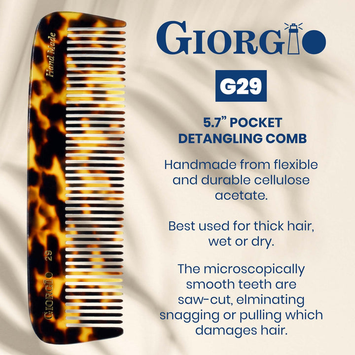 Giorgio G29 All Coarse Hair Detangling Comb Wide Teeth Pocket Comb for Thick Curly Wavy Hair. Hair Detangler Comb for Grooming Styling Hair, Beard and Mustache. Handmade Saw-Cut and Hand Polished