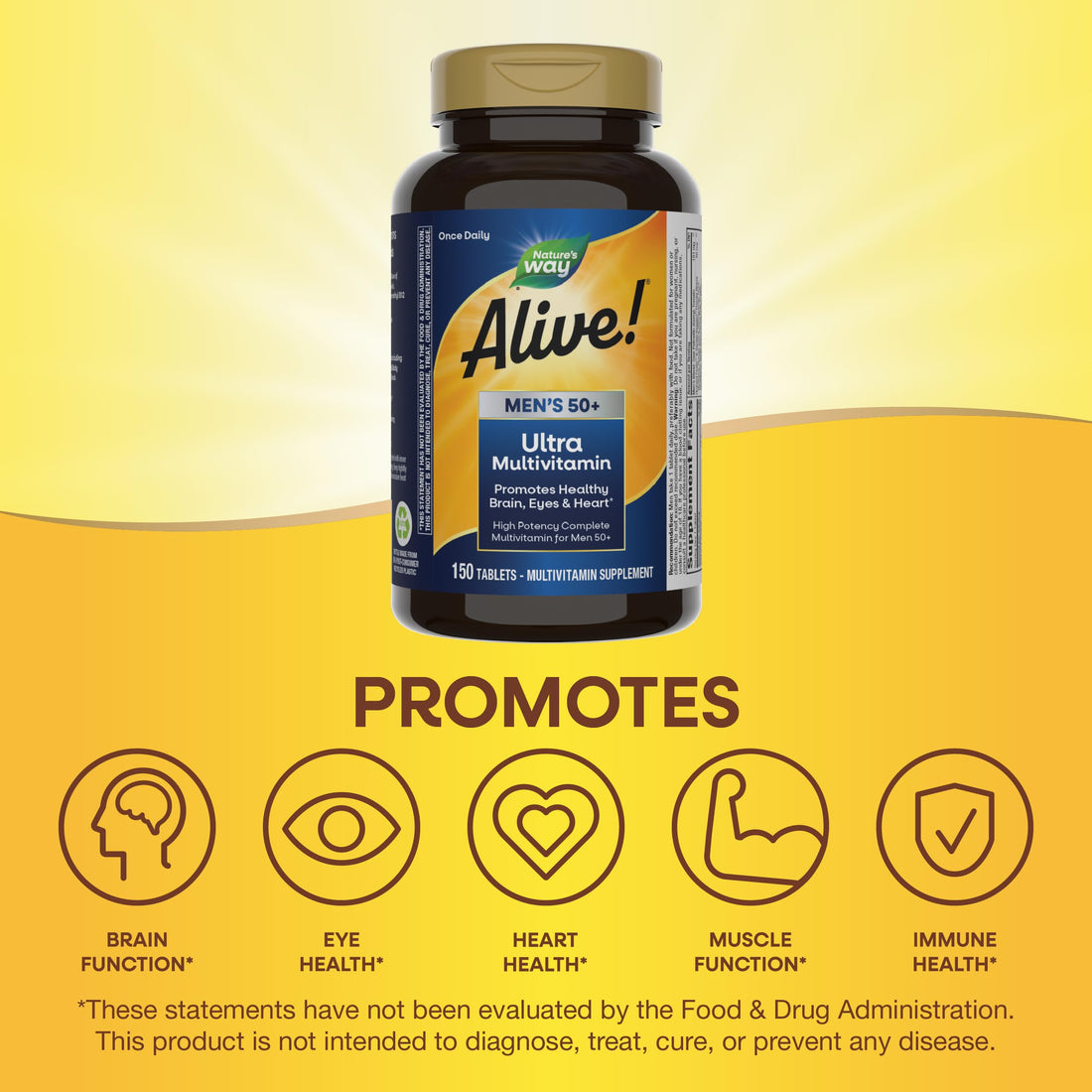 Nature's Way Alive! Men’s 50+ Daily Ultra Multivitamin, High Potency Formula, Supports Healthy Brain, Eyes & Heart*, with Methlyated B12, Gluten-Free, 150 Tablets (Packaging May Vary)