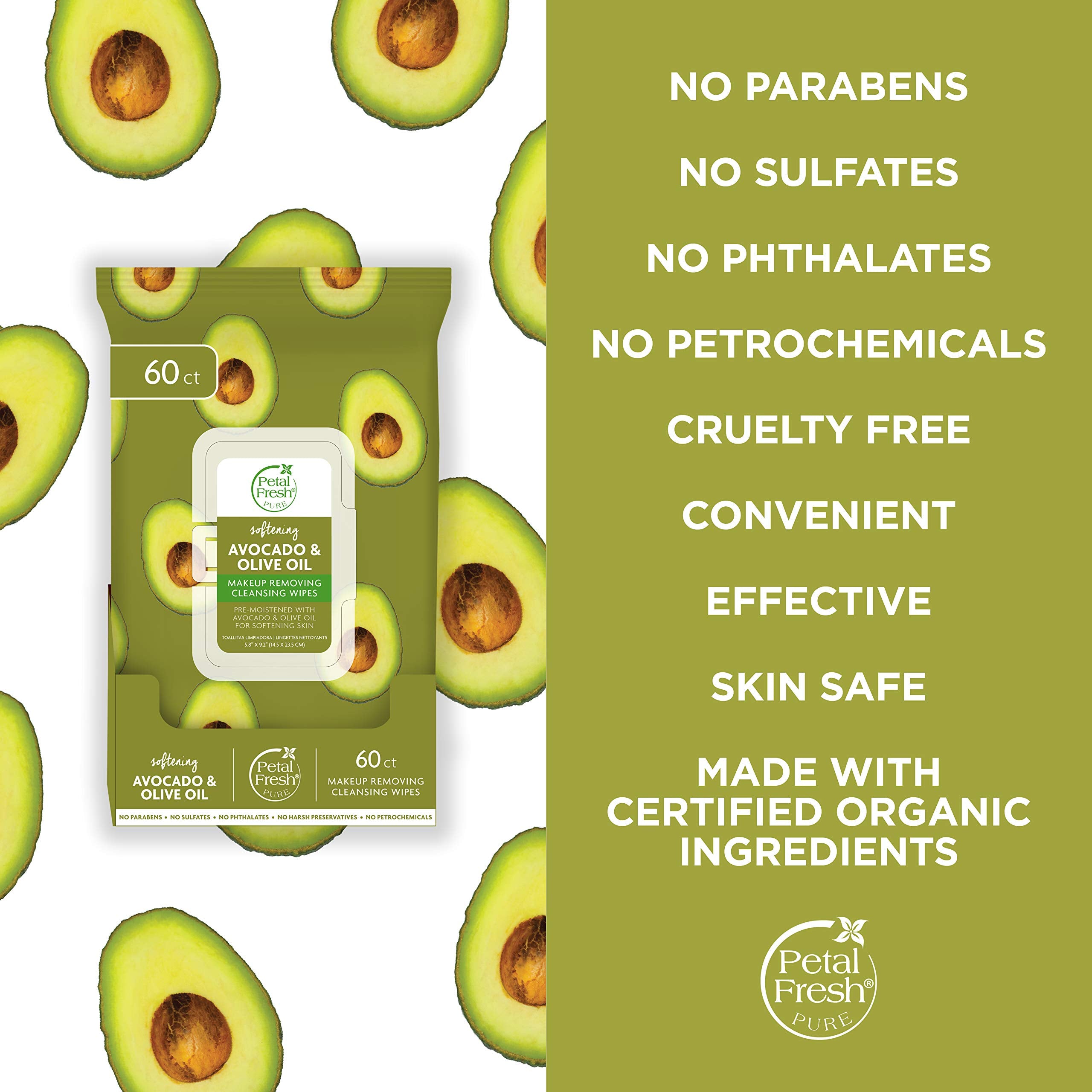 Petal Fresh Softening & Protecting Avocado & Olive Oil Makeup Removing, Cleansing Towelettes, Gentle Face Wipes, Daily Cleansing, Vegan and Cruelty Free, 60 count