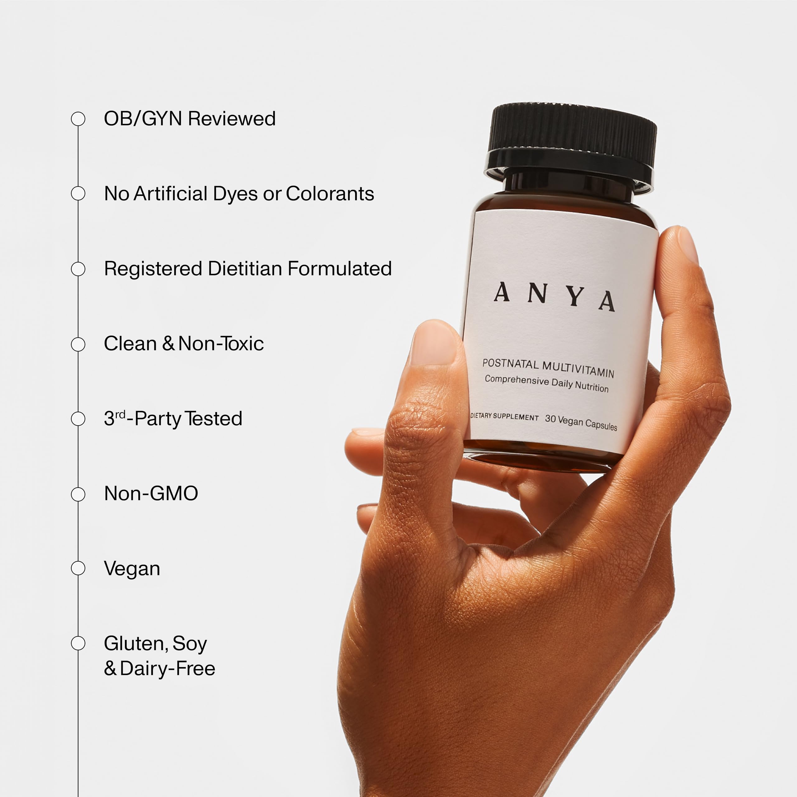 ANYA Postpartum Multivitamin, Postnatal Vitamin for Women Breastfeeding Support, 30 Capsules - Vitamins A, C, D3, Zinc, Methyl B12, Biotin, Folate and Iron - 100% Vegan, Non-GMO, Gluten & Dairy Free